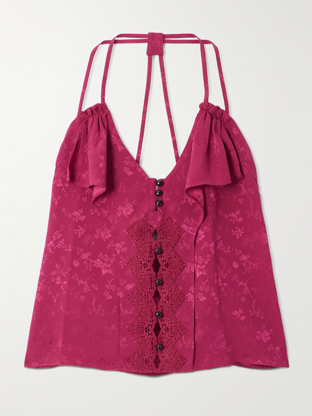 Maison Mayle Colette Ruffled Lace-trimmed Silk-jacquard Camisole In Pink