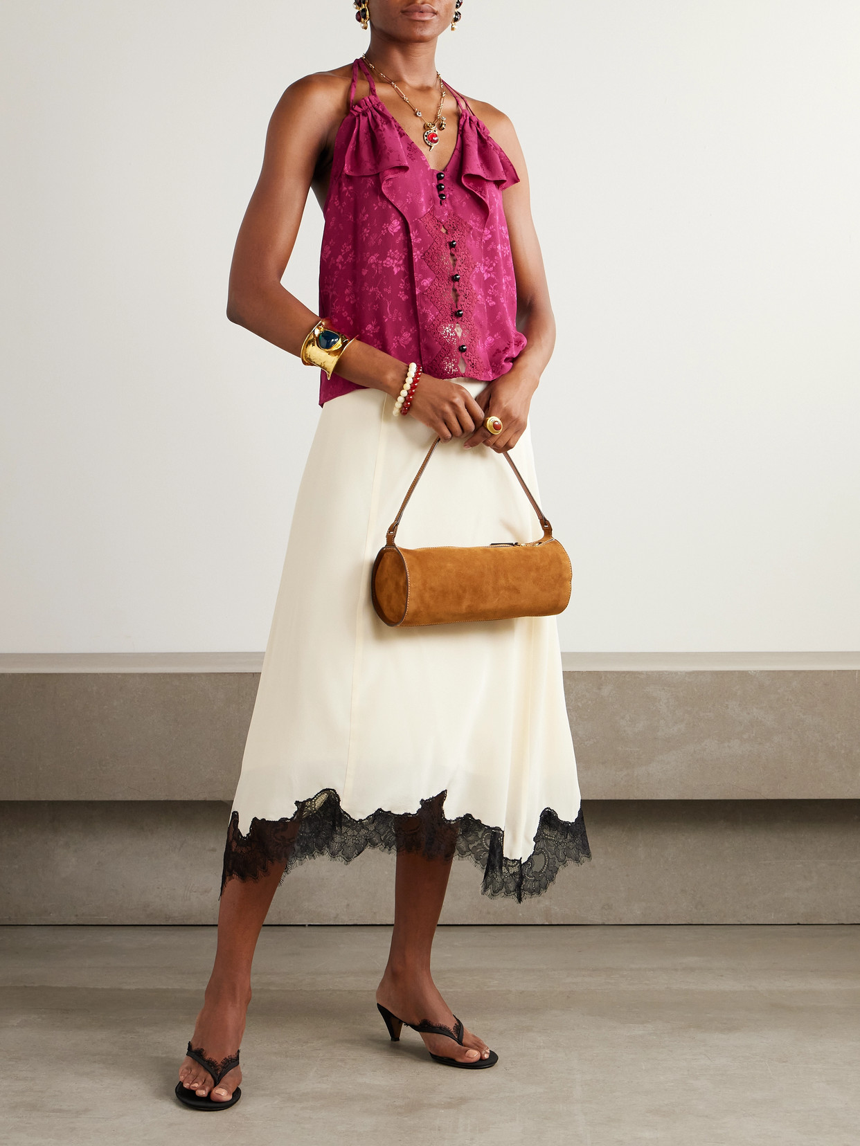Colette Ruffled Lace-Trimmed Silk-Jacquard Camisole