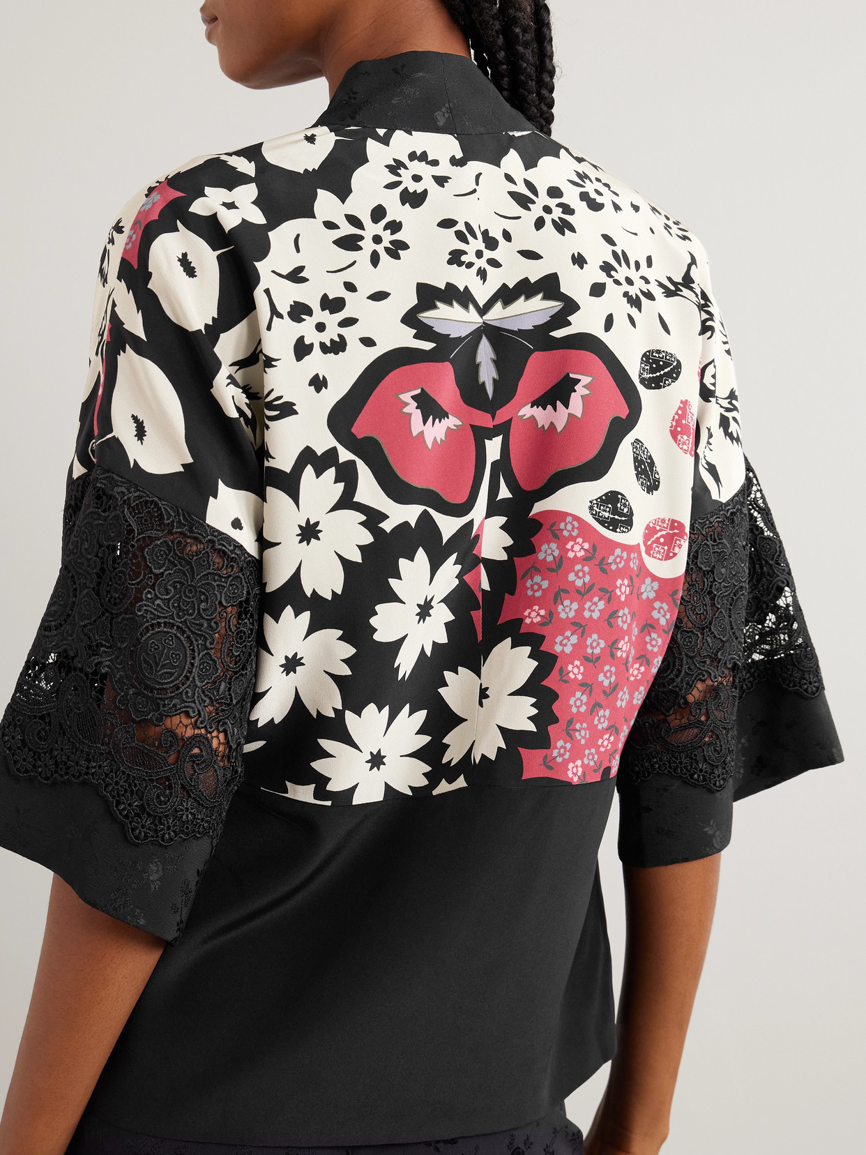 Maison Mayle Sunset Tasseled Lace-trimmed Floral-print Silk Crepe De Chine Jacket In Black