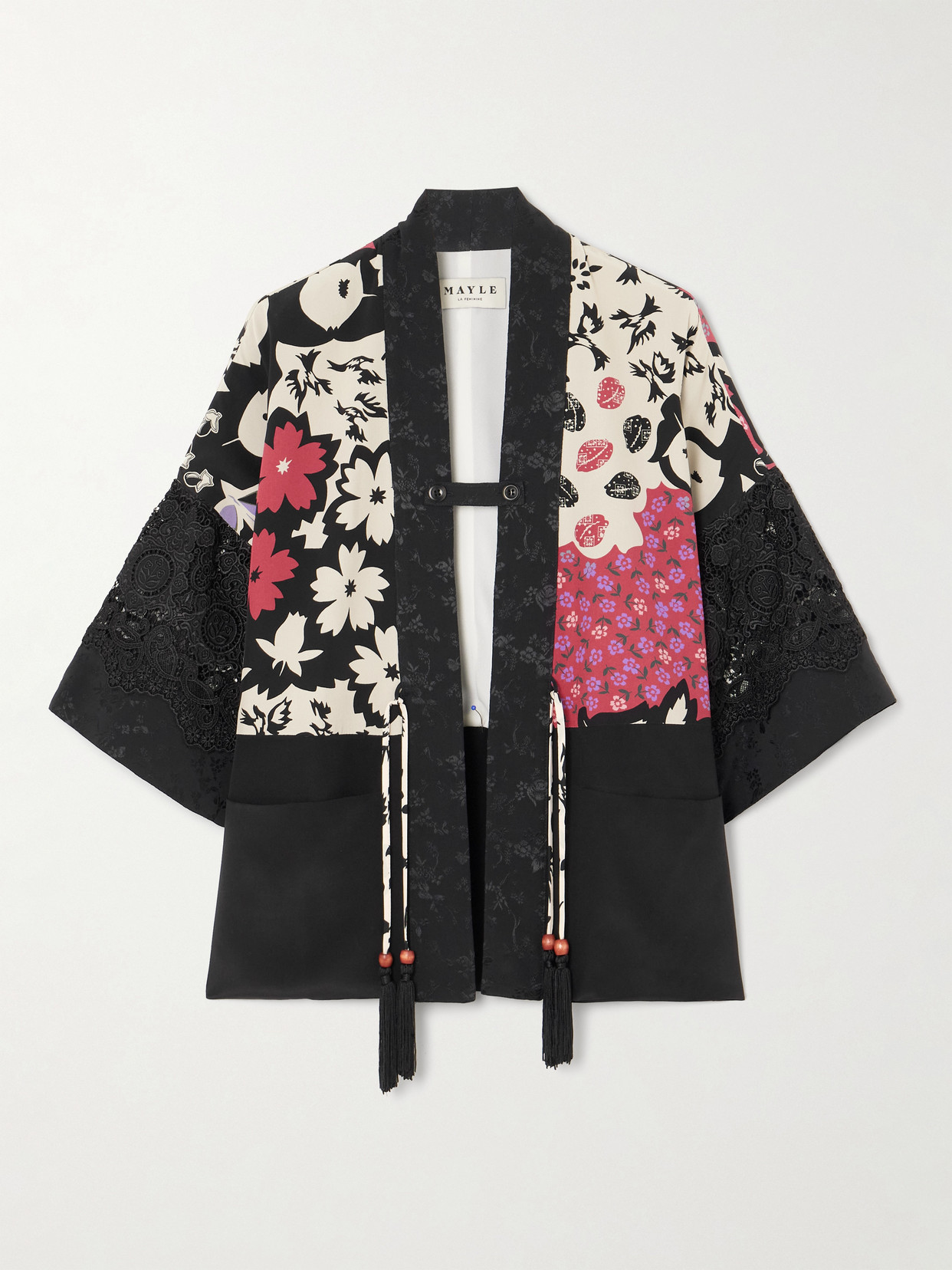 Maison Mayle Sunset Tasseled Lace-trimmed Floral-print Silk Crepe De Chine Jacket In Black