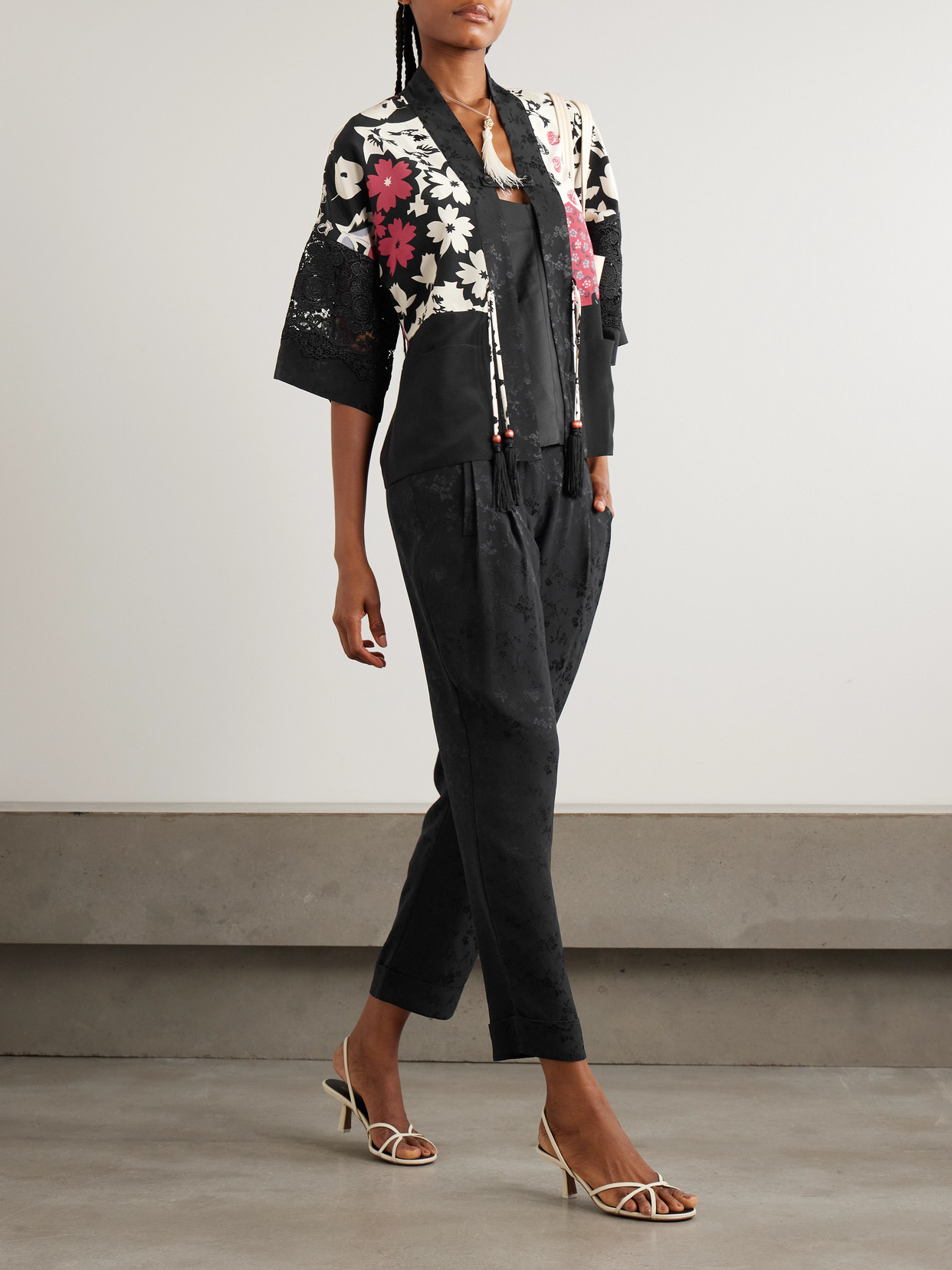 Maison Mayle Sunset Tasseled Lace-trimmed Floral-print Silk Crepe De Chine Jacket In Black