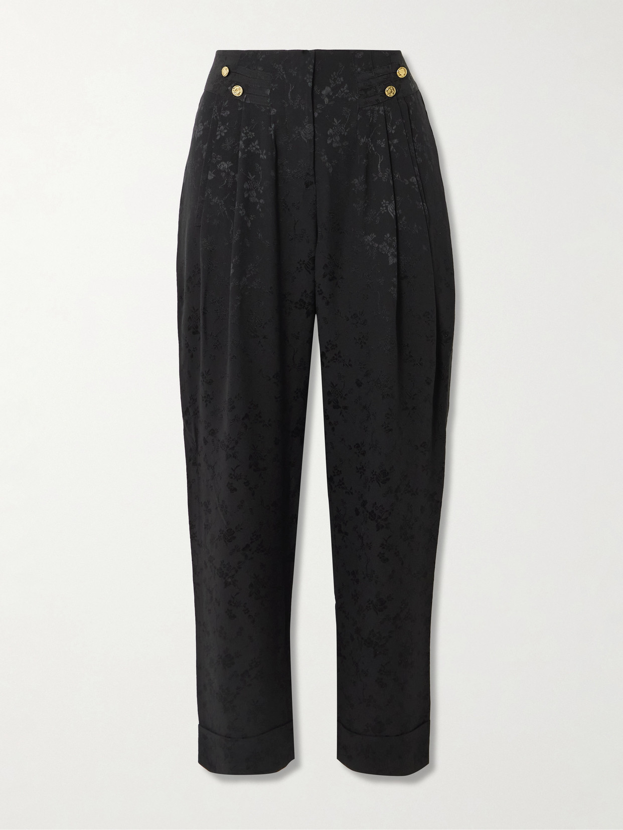 Maison Mayle Vali Embellished Pleated Silk-jacquard Tapered Pants In Black