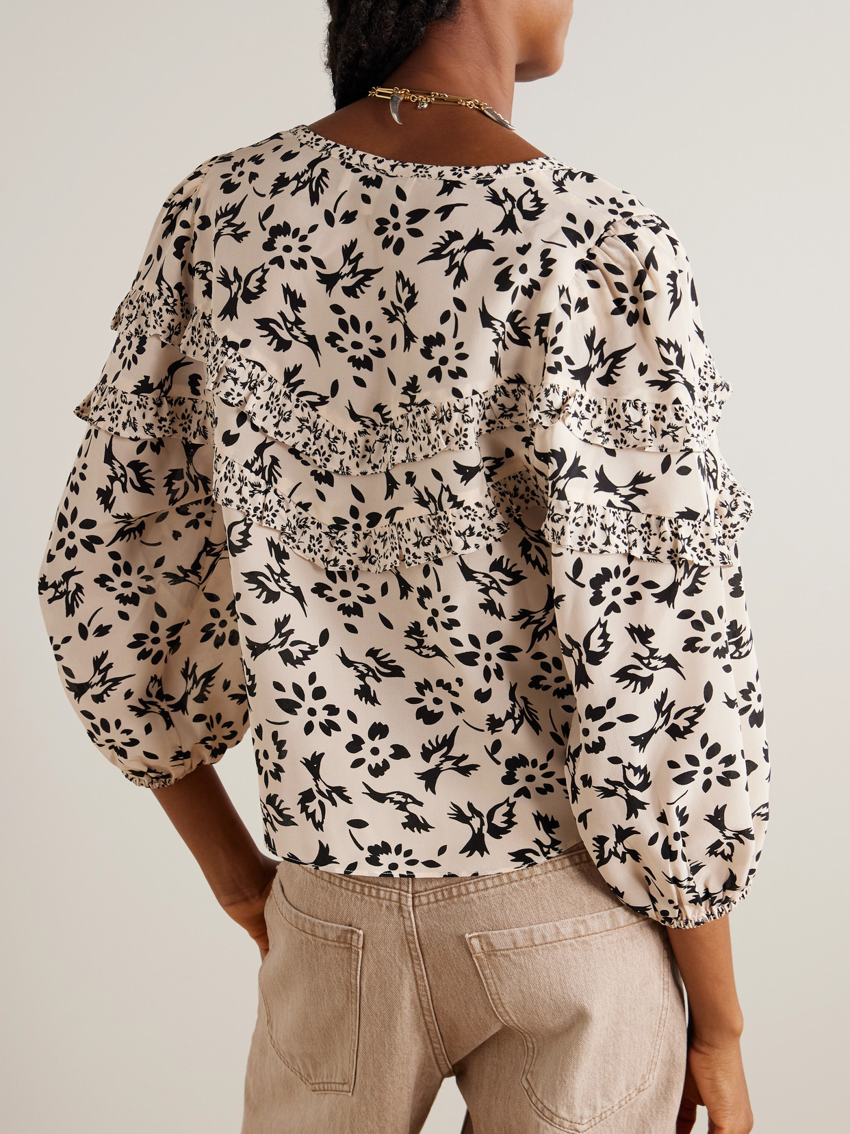Majorelle Tie-Detailed Ruffled Floral-Print Silk Crepe De Chine Blouse
