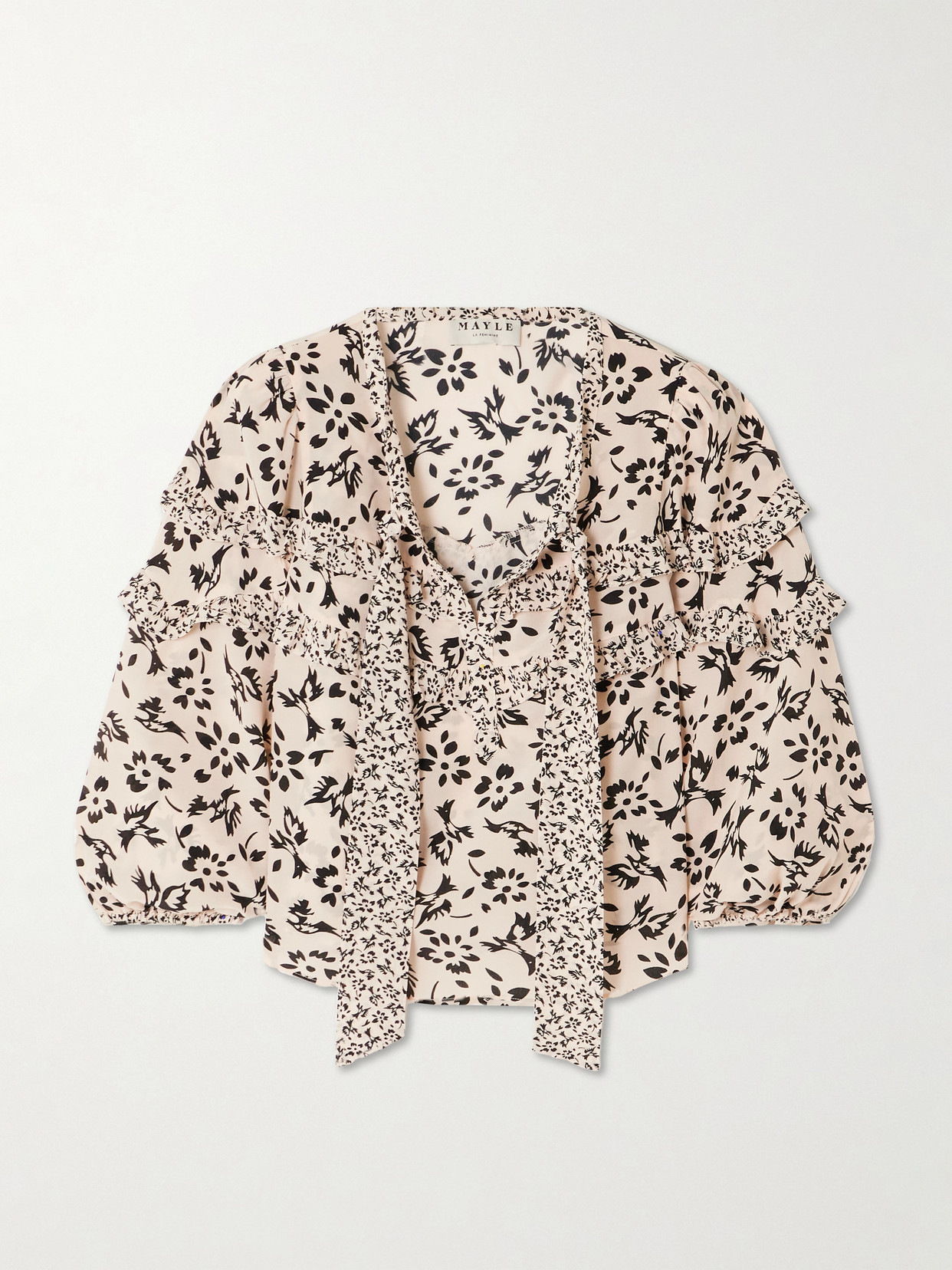 Maison Mayle Majorelle Tie-detailed Ruffled Floral-print Silk Crepe De Chine Blouse In Multi