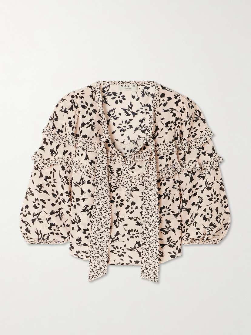 MAISON MAYLE Majorelle Tie-detailed Ruffled Floral-print Silk Crepe De Chine Blouse