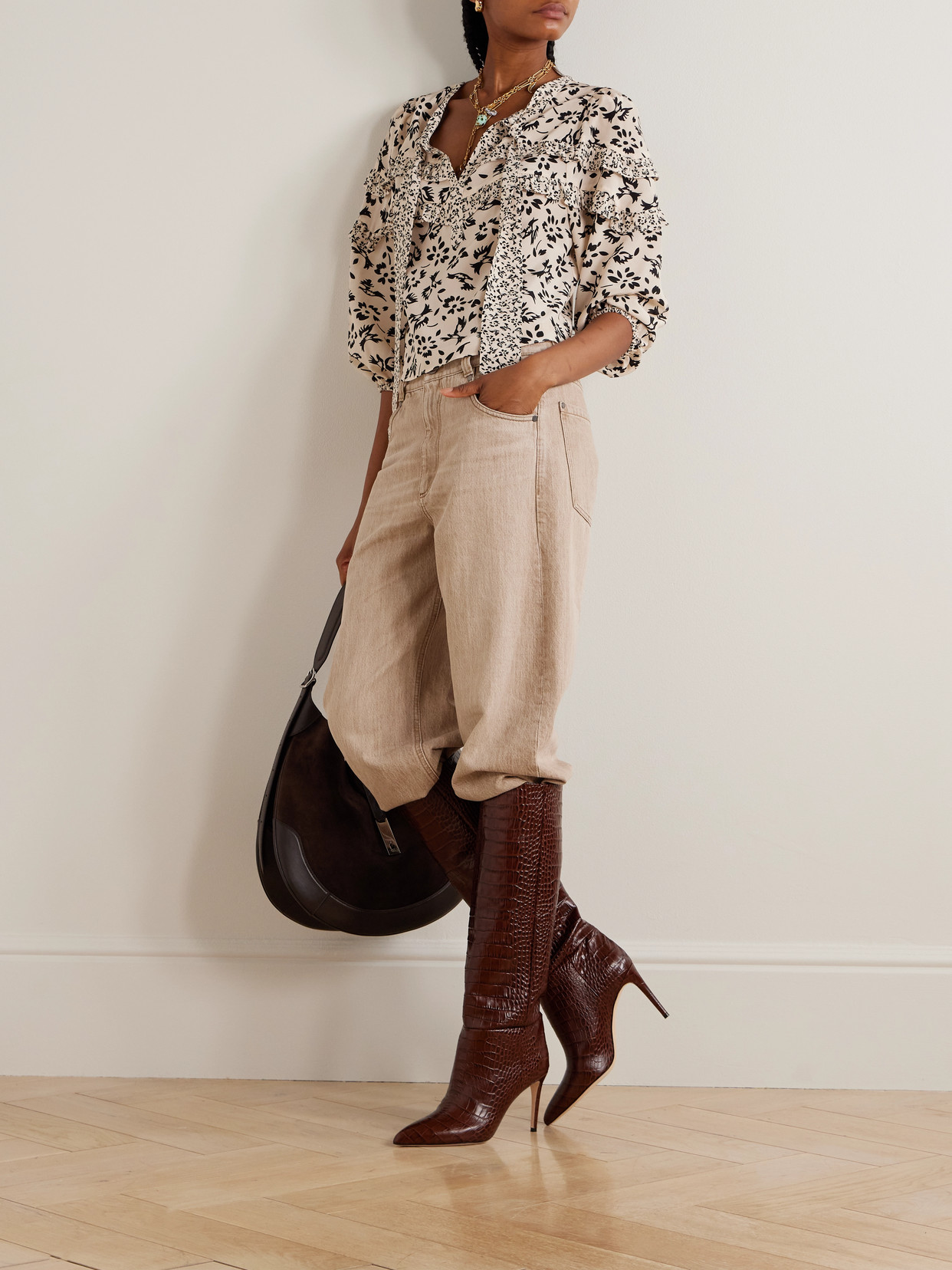 Majorelle Tie-Detailed Ruffled Floral-Print Silk Crepe De Chine Blouse