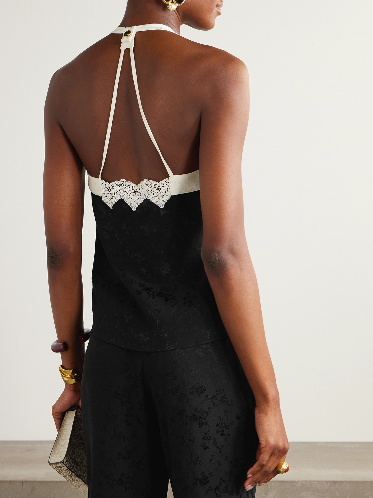 Colette Ruched Lace-Trimmed Silk-Jacquard Camisole