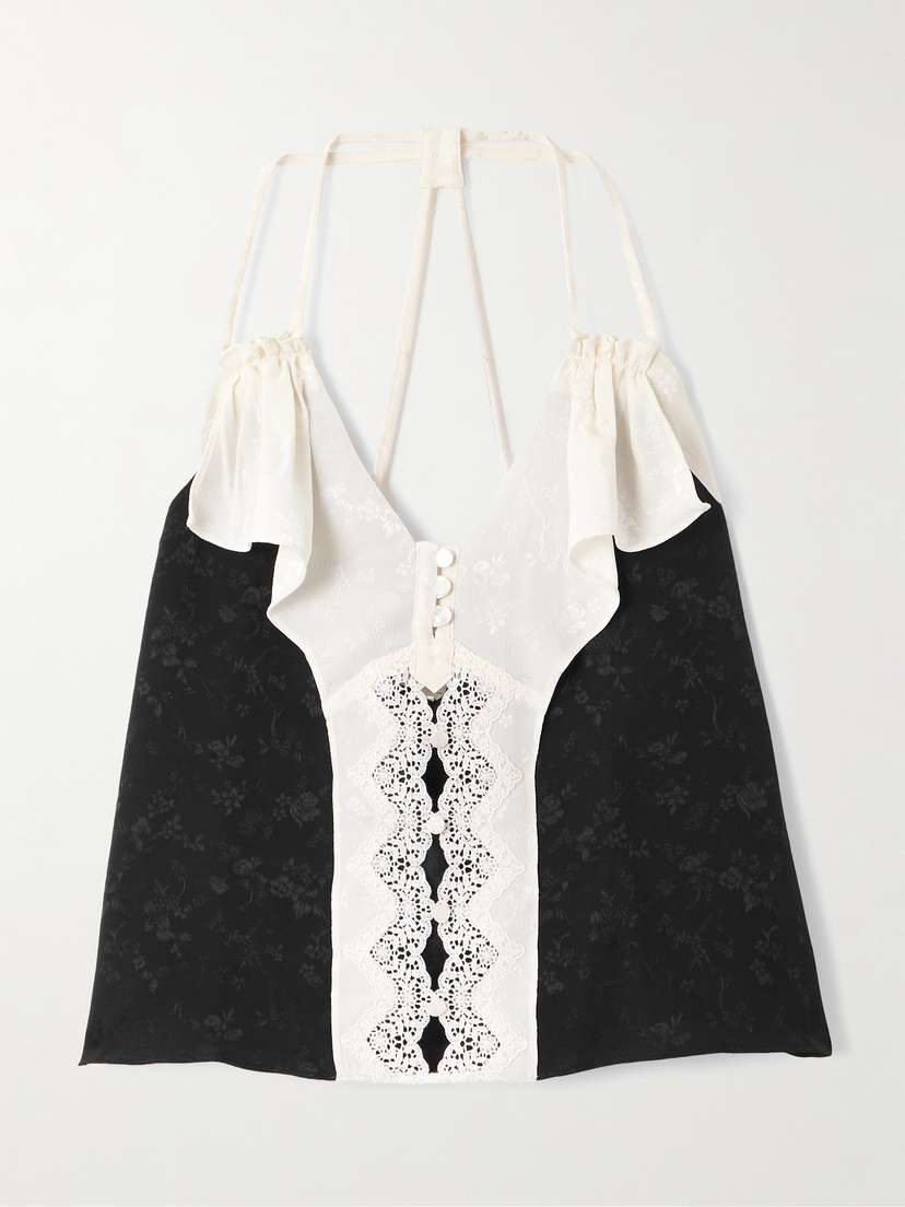MAISON MAYLE Colette Ruched Lace-trimmed Silk-jacquard Camisole