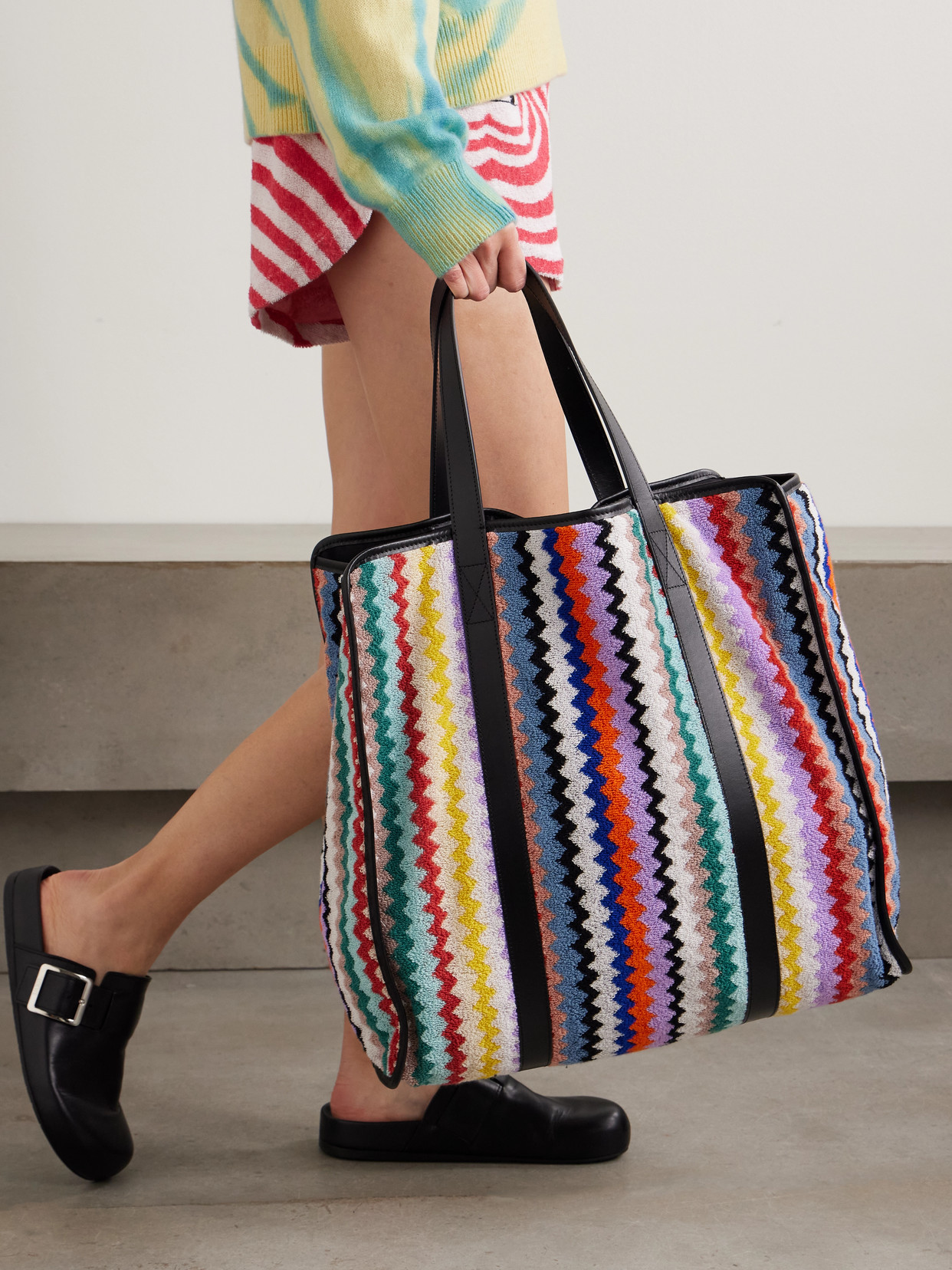 Home - Riverbero Leather-Trimmed Striped Cotton-Terry Tote