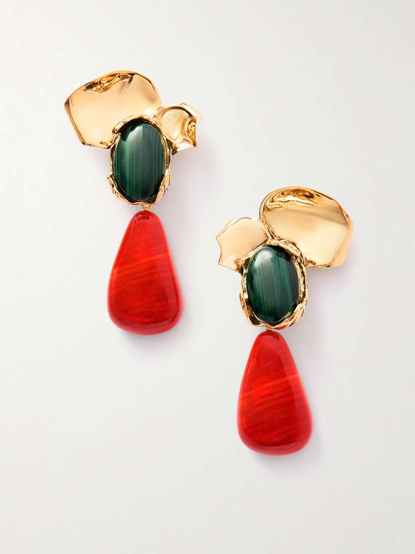 Saint Laurent Petal Gold-tone, Malachite And Resin Clip Earrings
