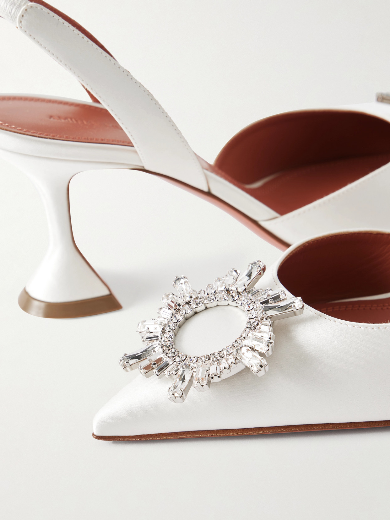 Amina Muaddi Begum Swarovski Crystal-embellished Satin Slingback Pumps In White
