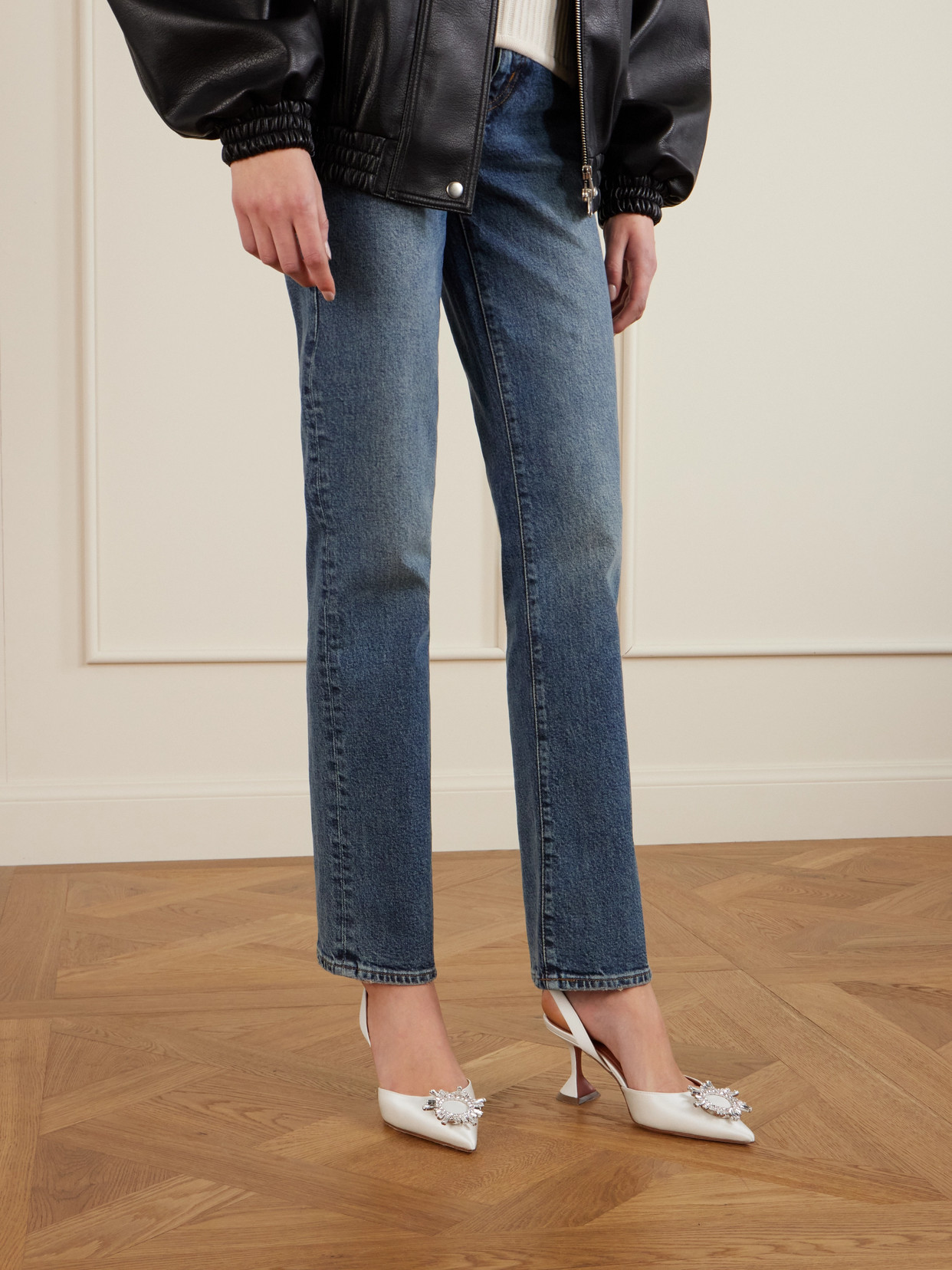 Amina Muaddi Begum Swarovski Crystal-embellished Satin Slingback Pumps In White