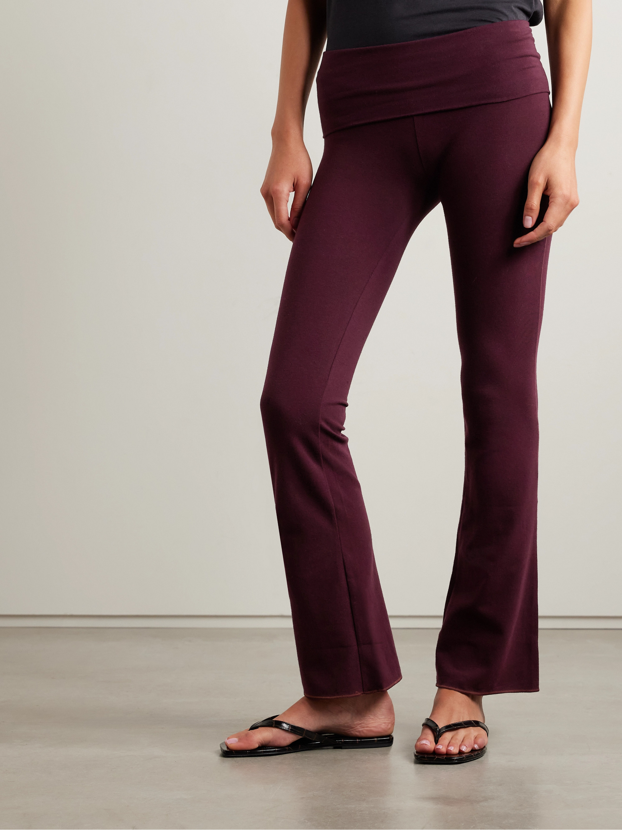 Skims Foldover stretch-cotton jersey flared pants - Currant