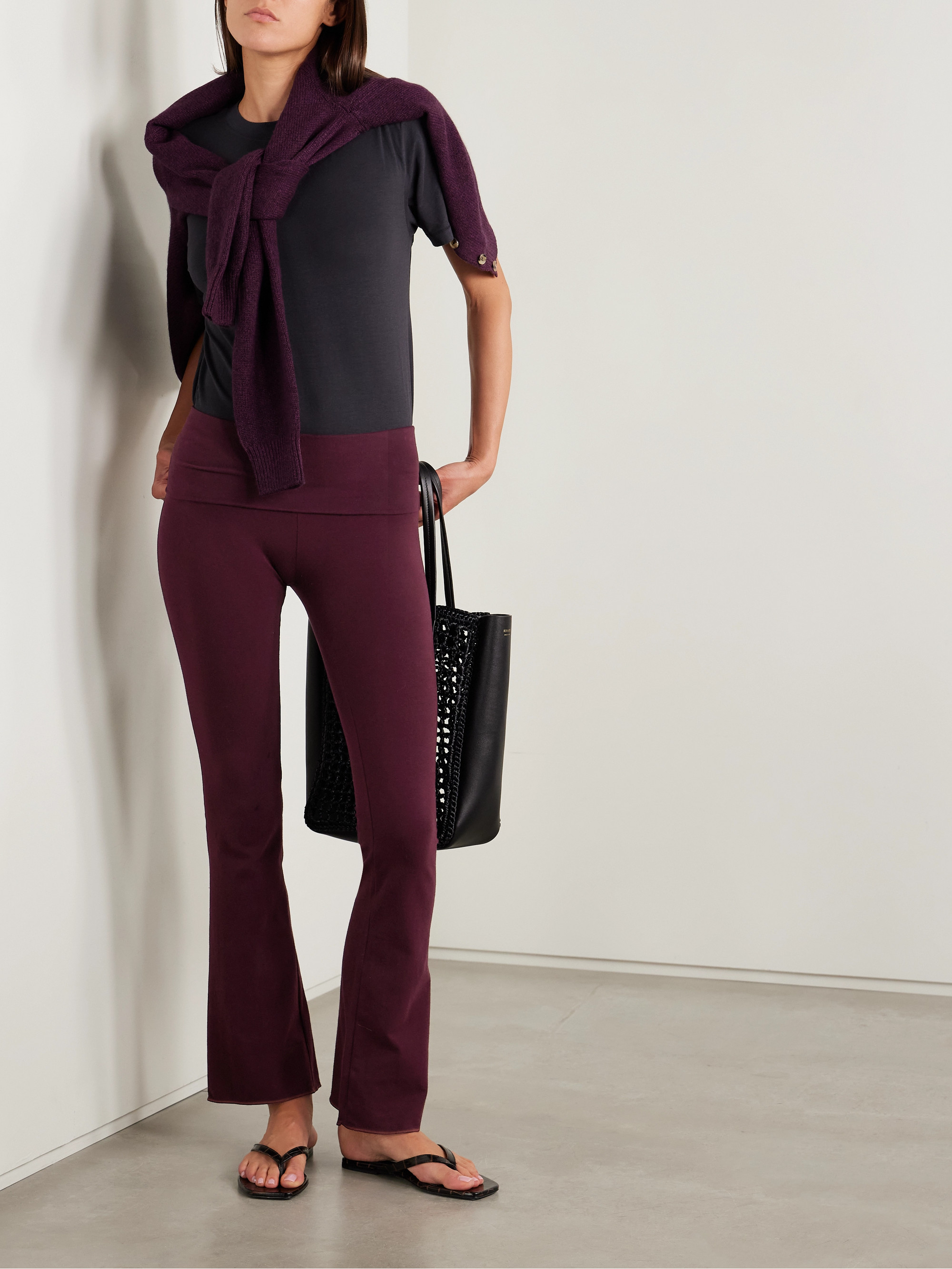 Skims Foldover stretch-cotton jersey flared pants - Currant