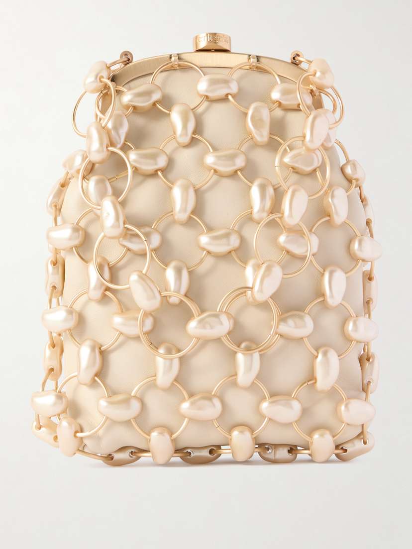 Cult Gaia Brielle Faux Pearl-embellished Gold-tone And Leather Clutch
