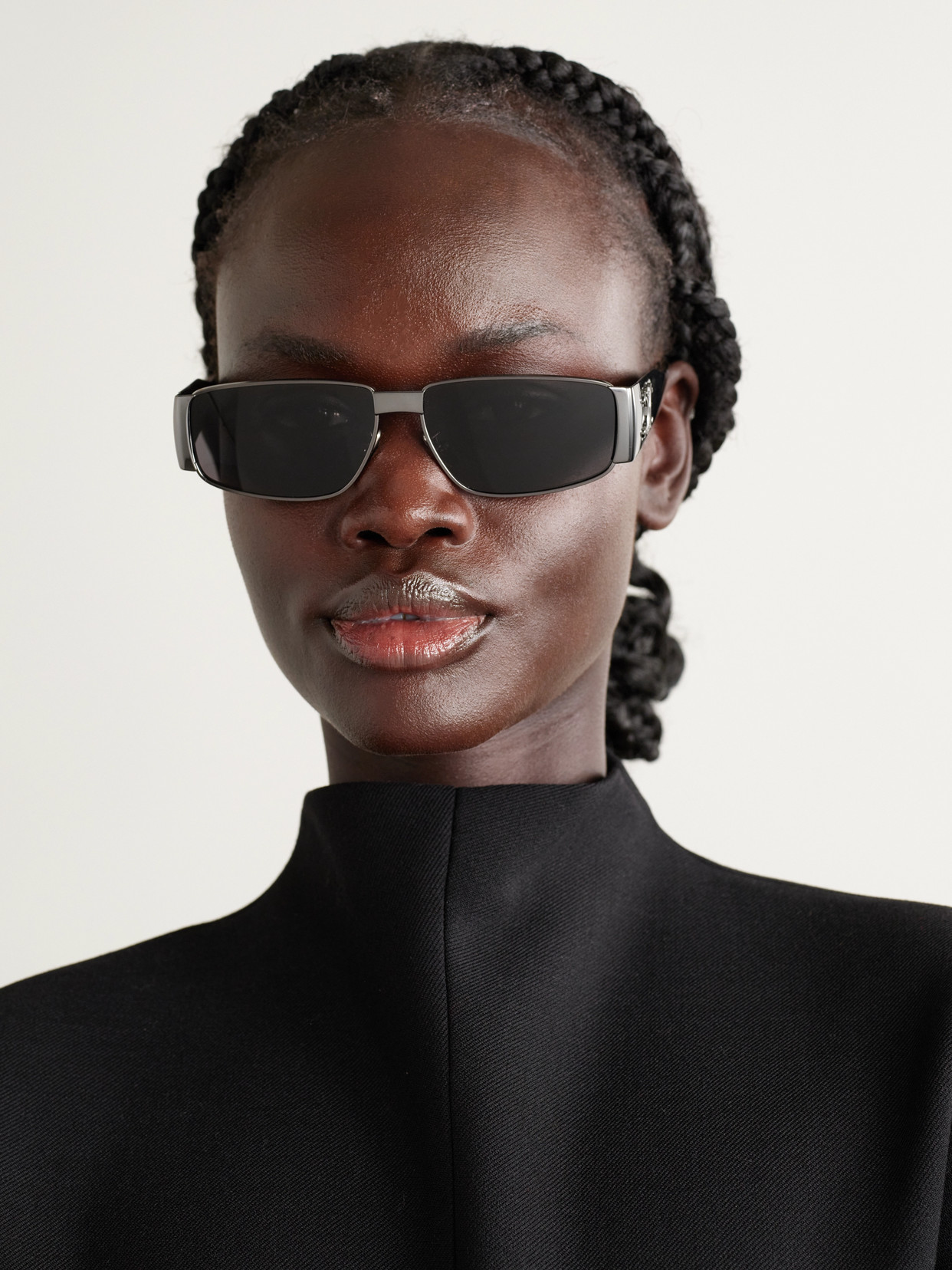 Celine Triomphe Rectangle-frame Gunmetal-tone Sunglasses In Black