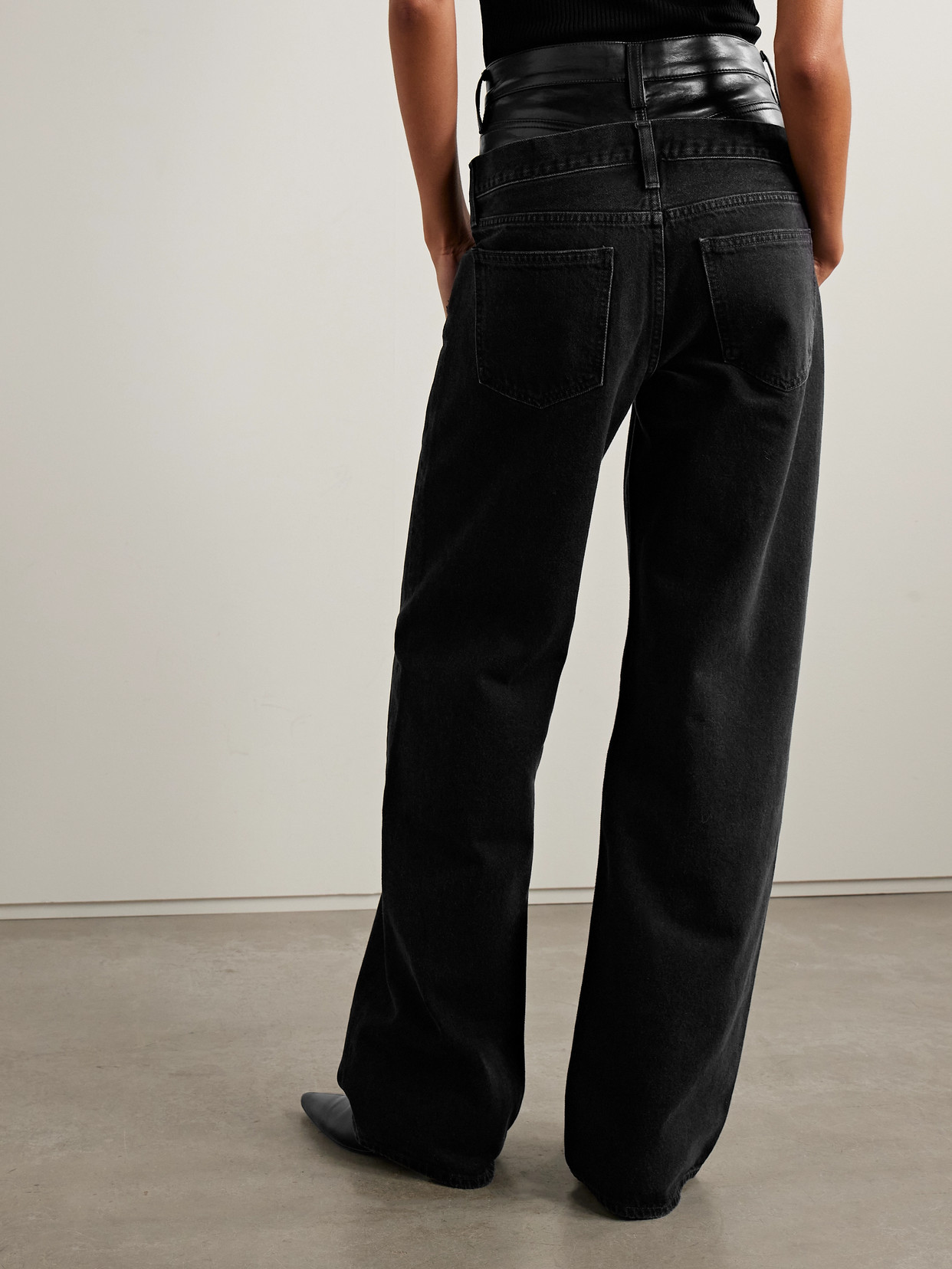 Agolde Elson Recycled Leather-blend Trimmed High-rise Wide-leg Jeans In Black