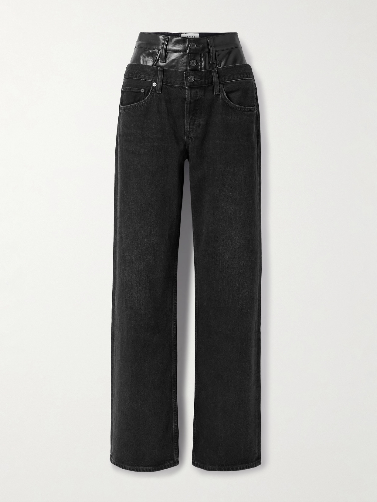 Agolde Elson Recycled Leather-blend Trimmed High-rise Wide-leg Jeans In Black