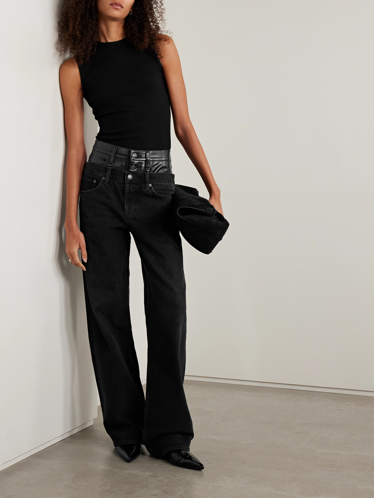 Agolde Elson Recycled Leather-blend Trimmed High-rise Wide-leg Jeans In Black