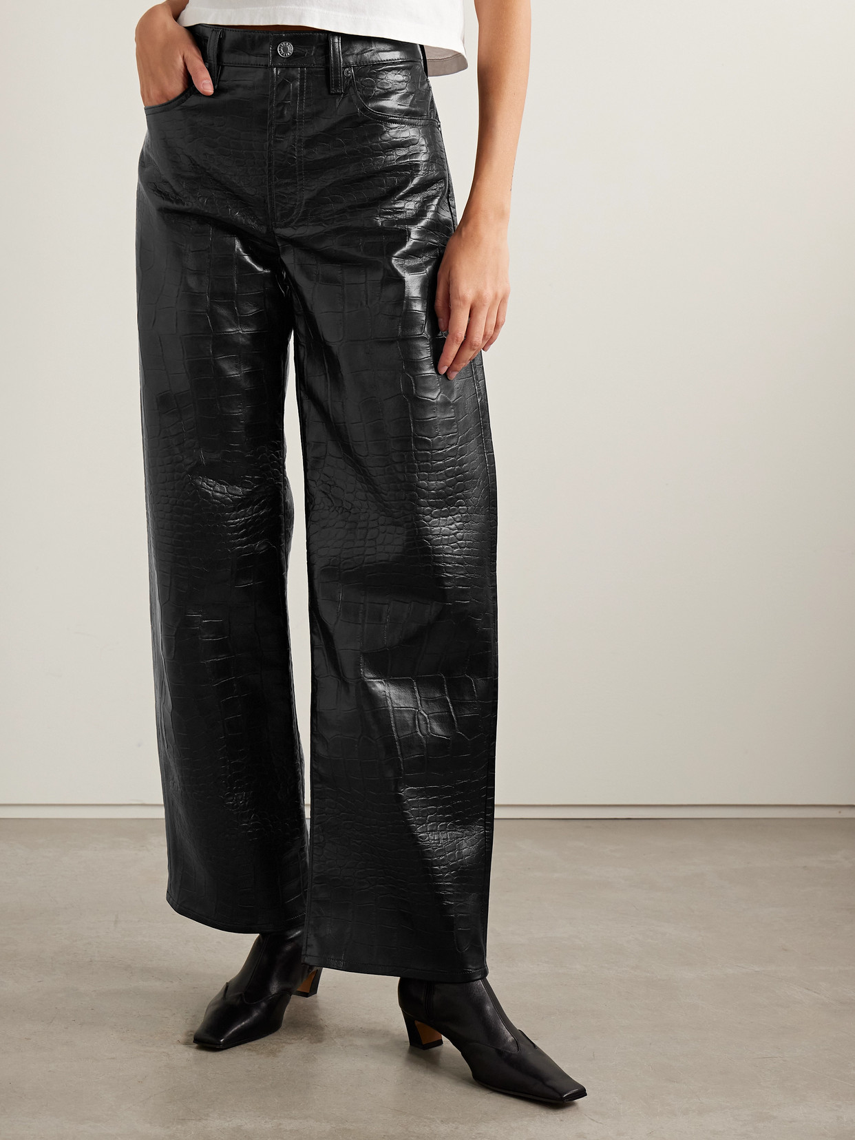 Agolde Arc Croc-effect Barrel-leg Pants In Black
