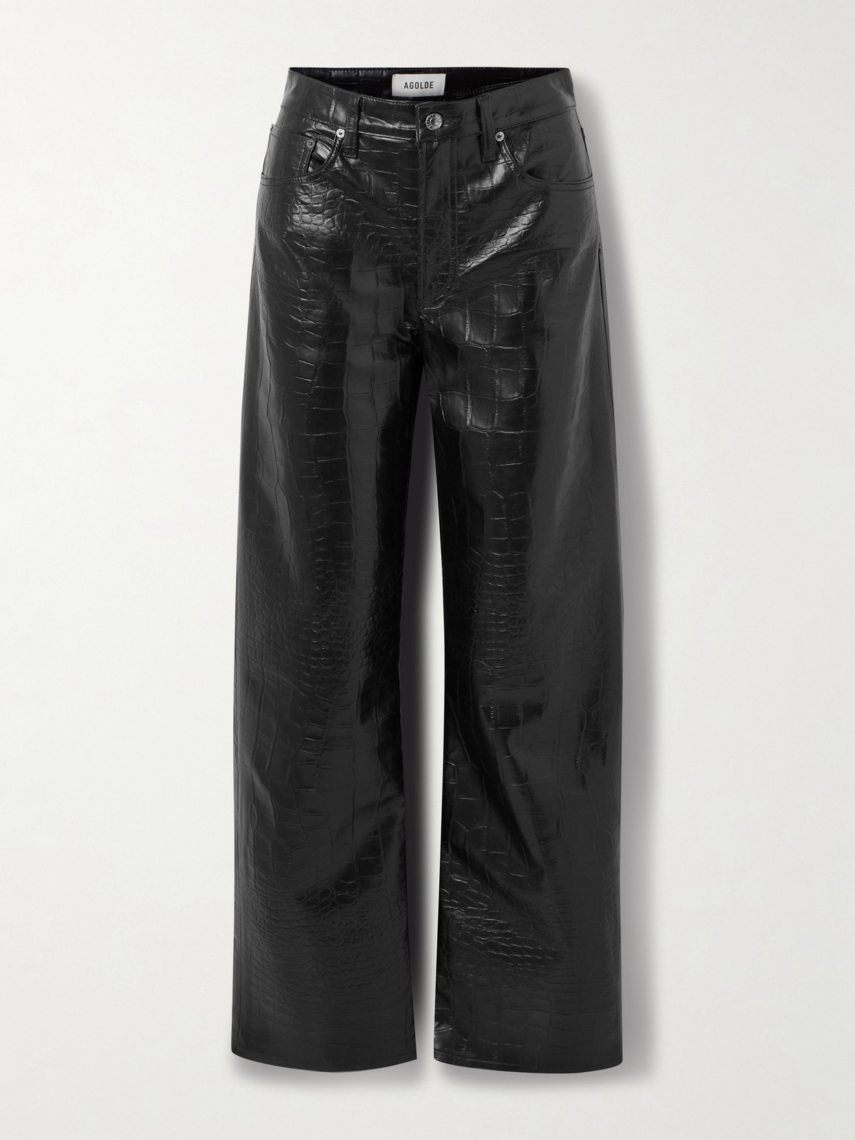 Agolde Arc Croc-effect Barrel-leg Pants In Black