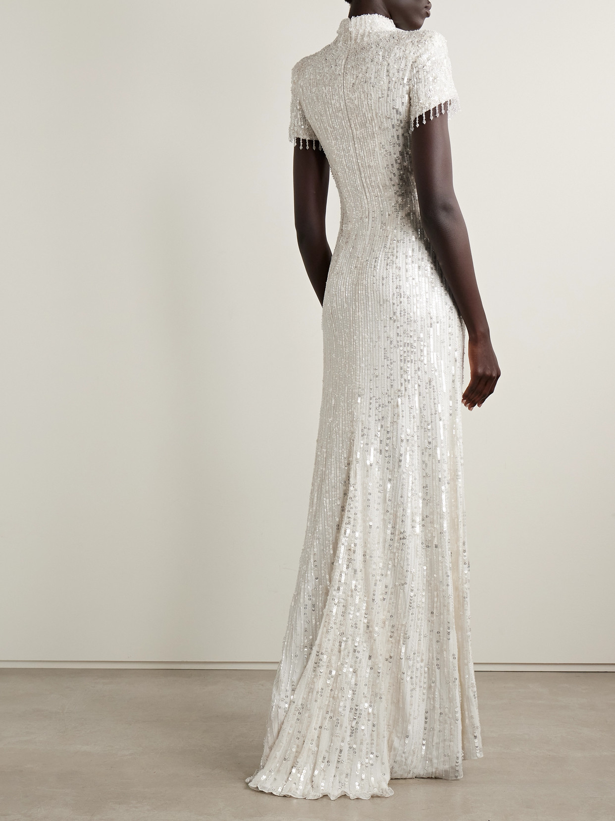 Jenny Packham Jourdain Crystal Sequined Flutter-sleeve Gown In White