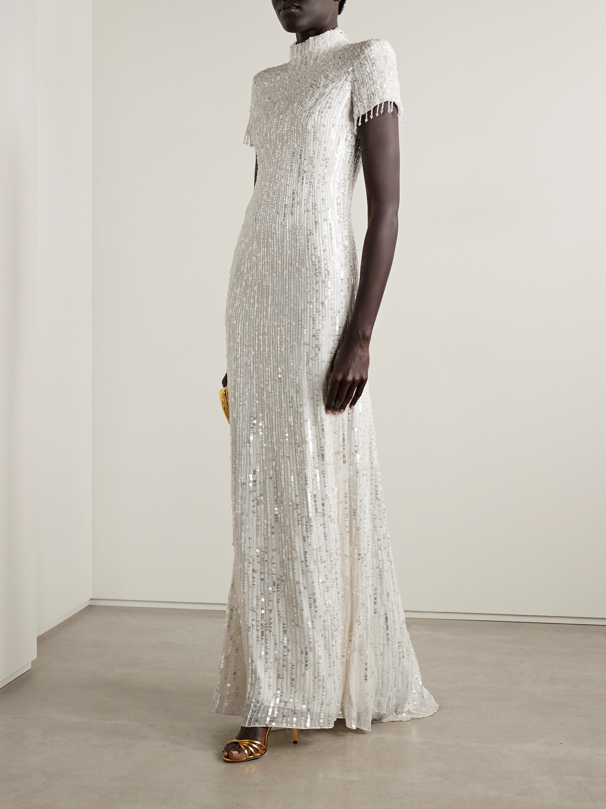 Jenny Packham Jourdain Crystal Sequined Flutter-sleeve Gown In White