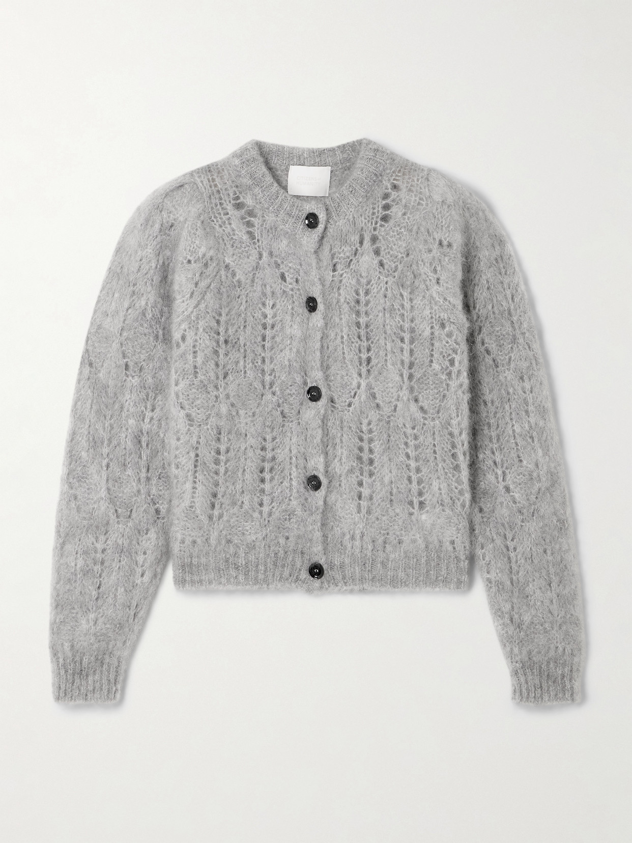 Citizen Of Humanity Odette Cropped Pointelle-knit Mohair-blend Cardigan In Gray