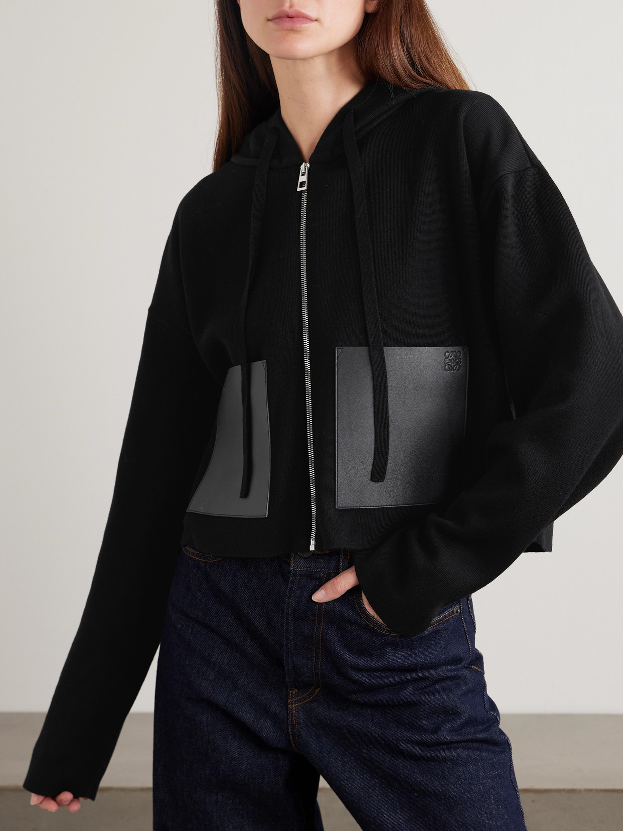 Loewe Leather-trimmed Wool-blend Hoodie In Black