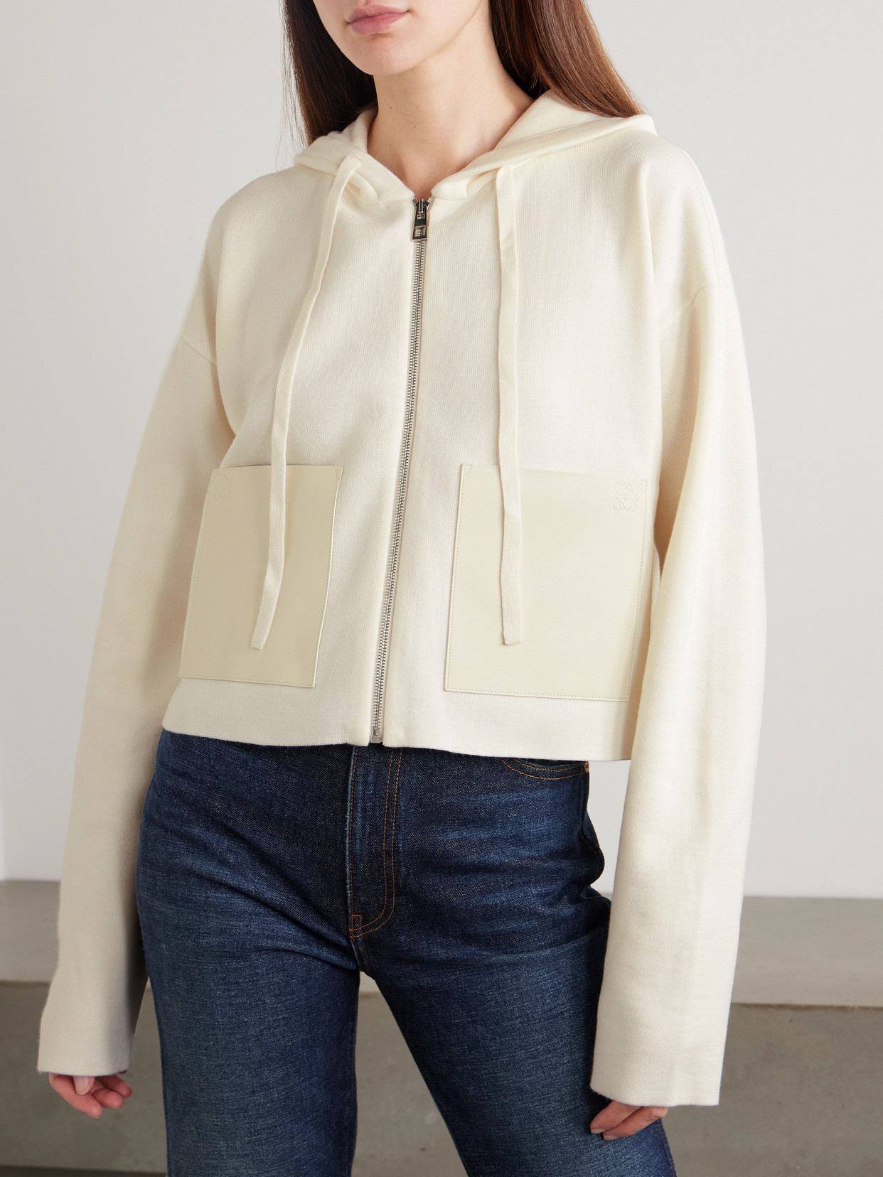 Loewe Leather-trimmed Wool-blend Hoodie In White