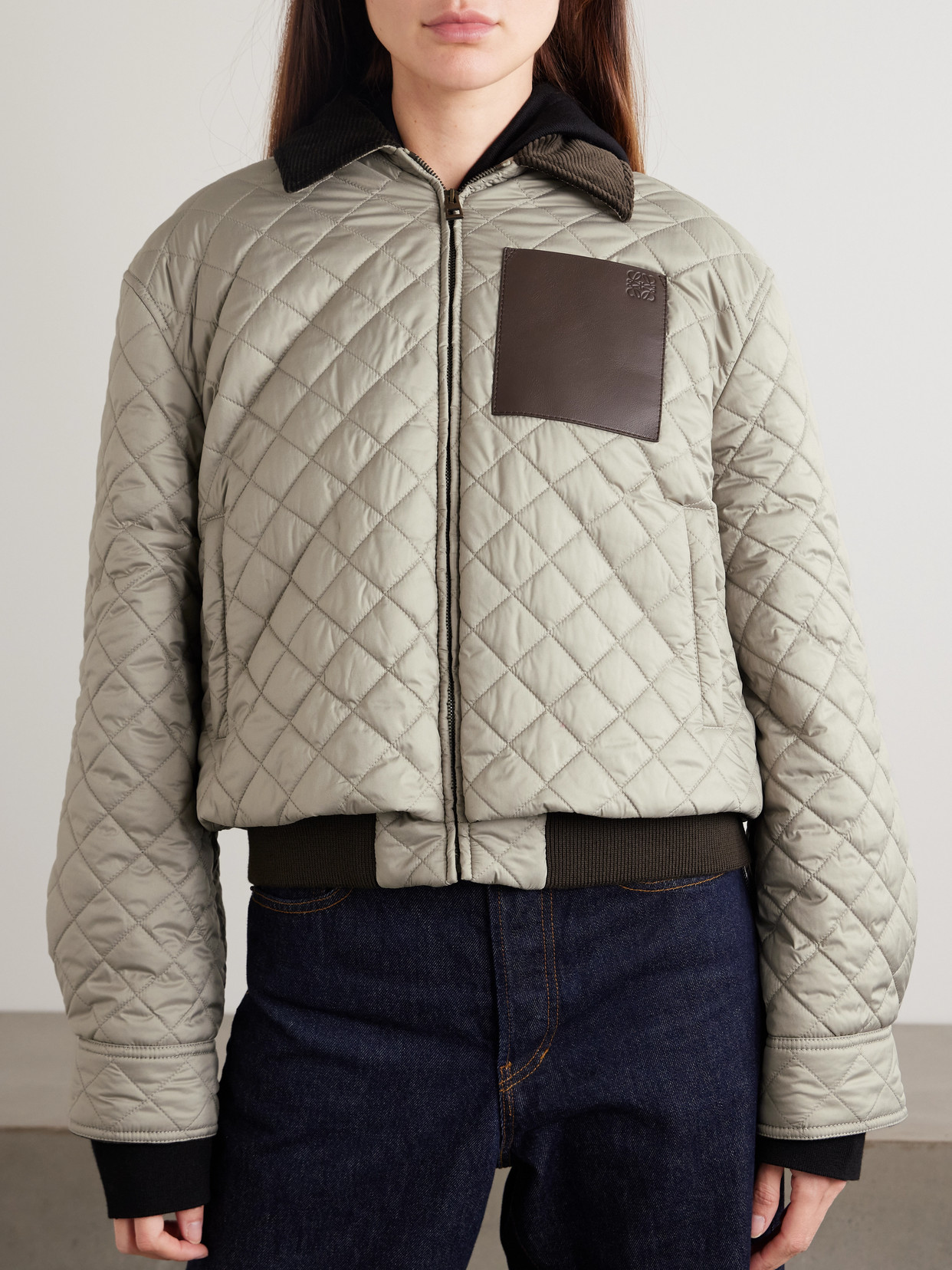 Loewe Corduroy- And Leather-trimmed Quilted Shell Jacket In Gray