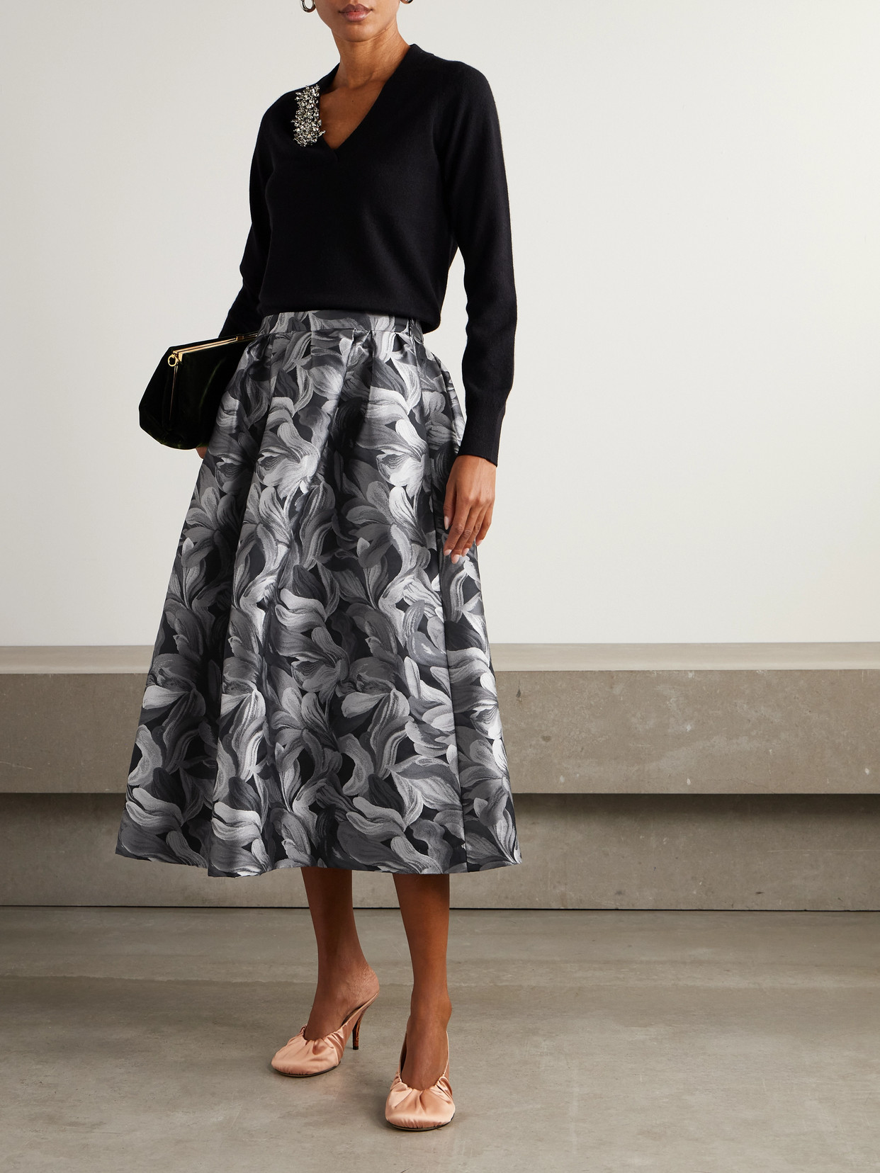 Dries Van Noten Pleated Brocade Midi Skirt In Black