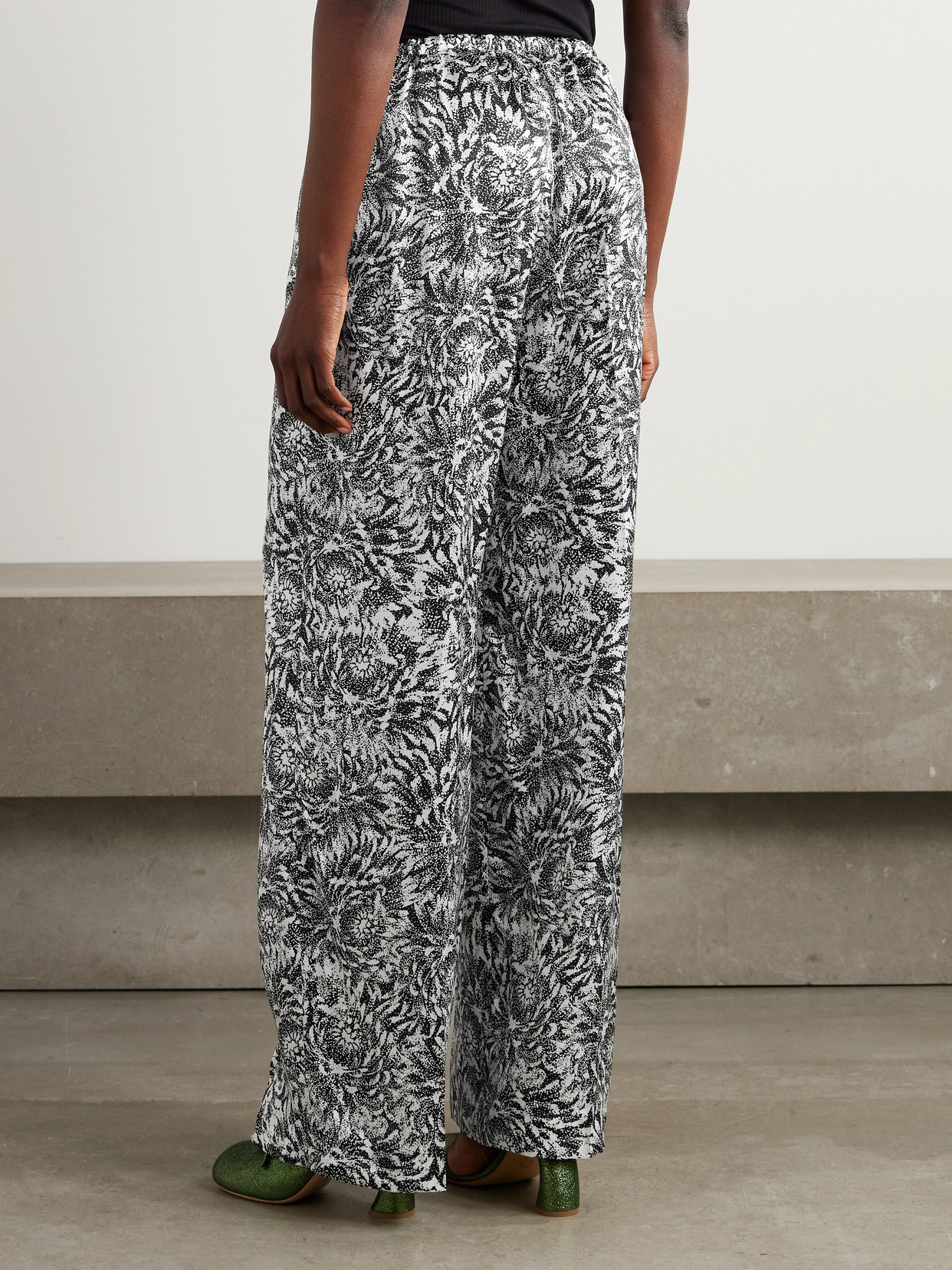 Dries Van Noten Pleated Printed Silk-satin Wide-leg Pants In Black