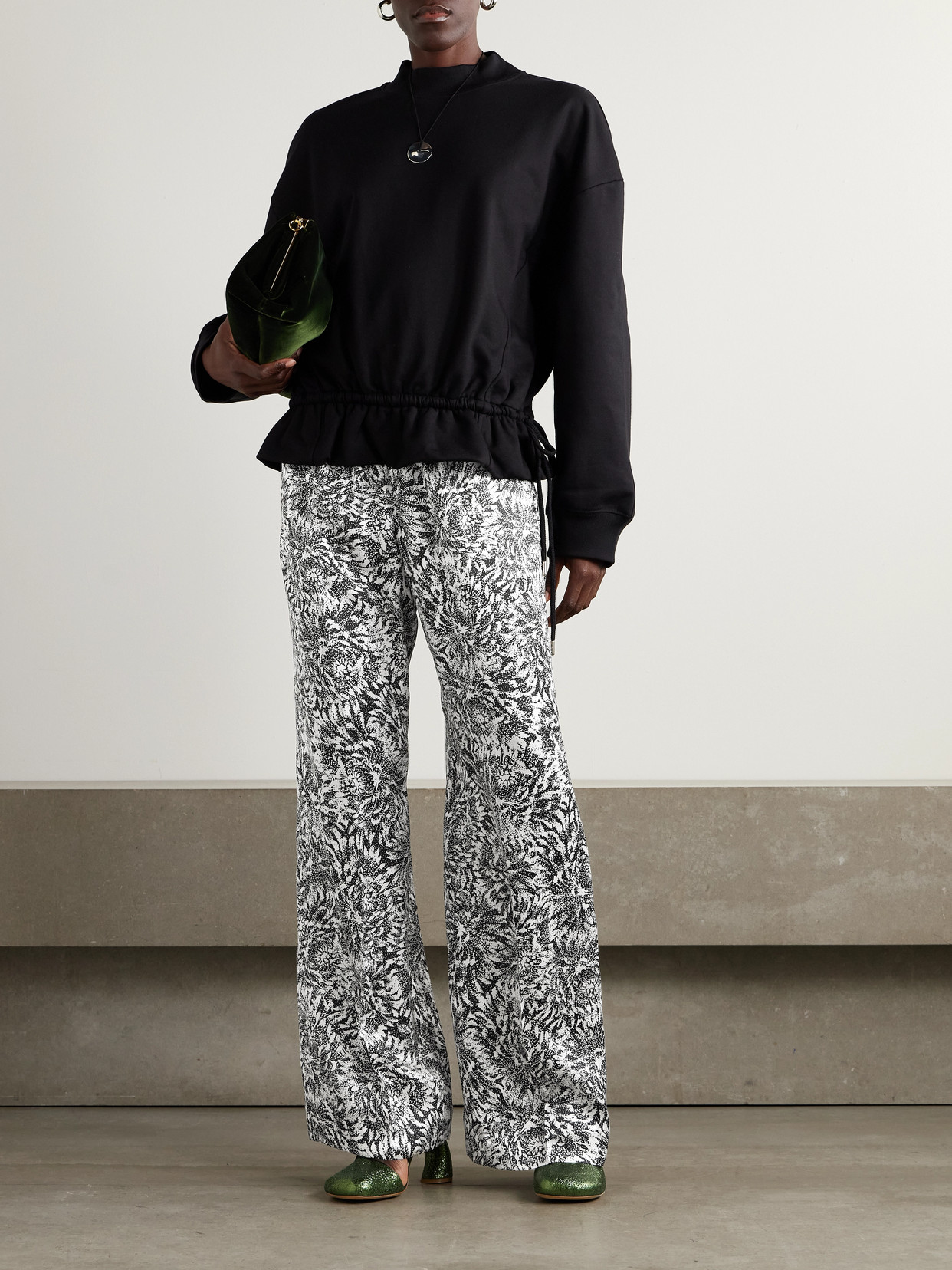Dries Van Noten Pleated Printed Silk-satin Wide-leg Pants In Black