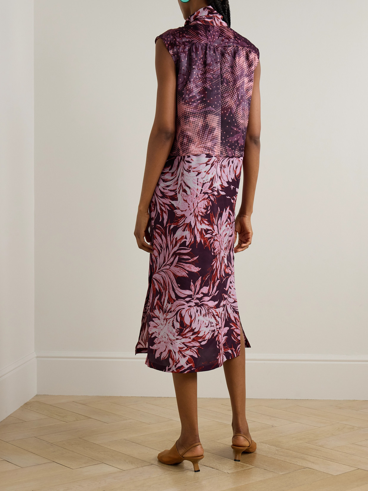 Dries Van Noten Tie-neck Floral-print Satin Midi Dress In Multi