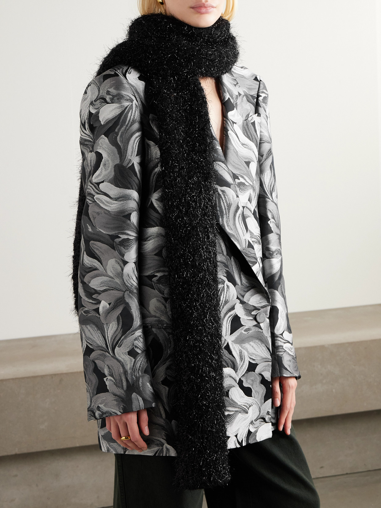 Dries Van Noten Metallic Wool-blend Scarf In Black
