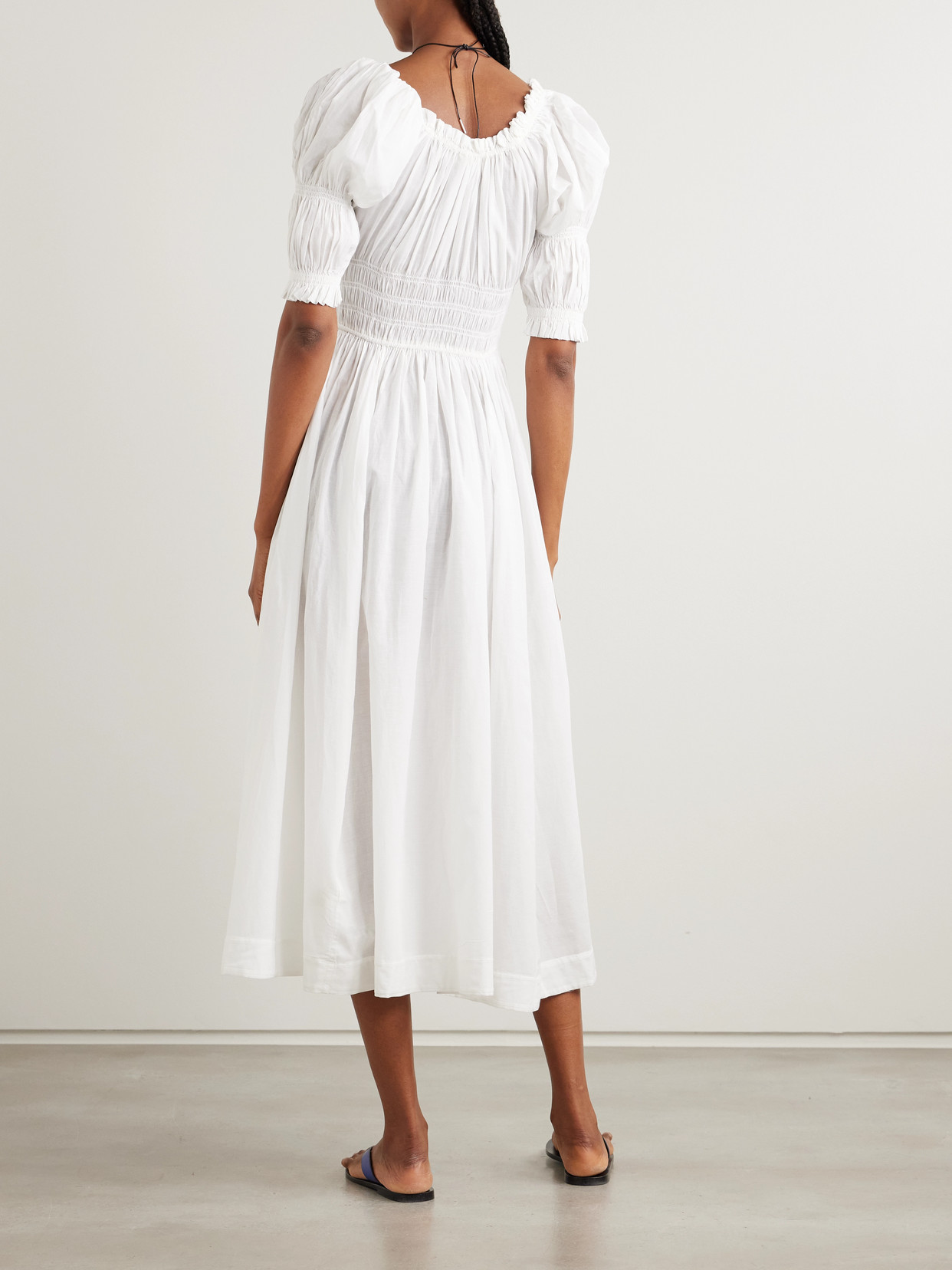 Doen Ischia Shirred Organic Cotton-blend Voile Midi Dress In White