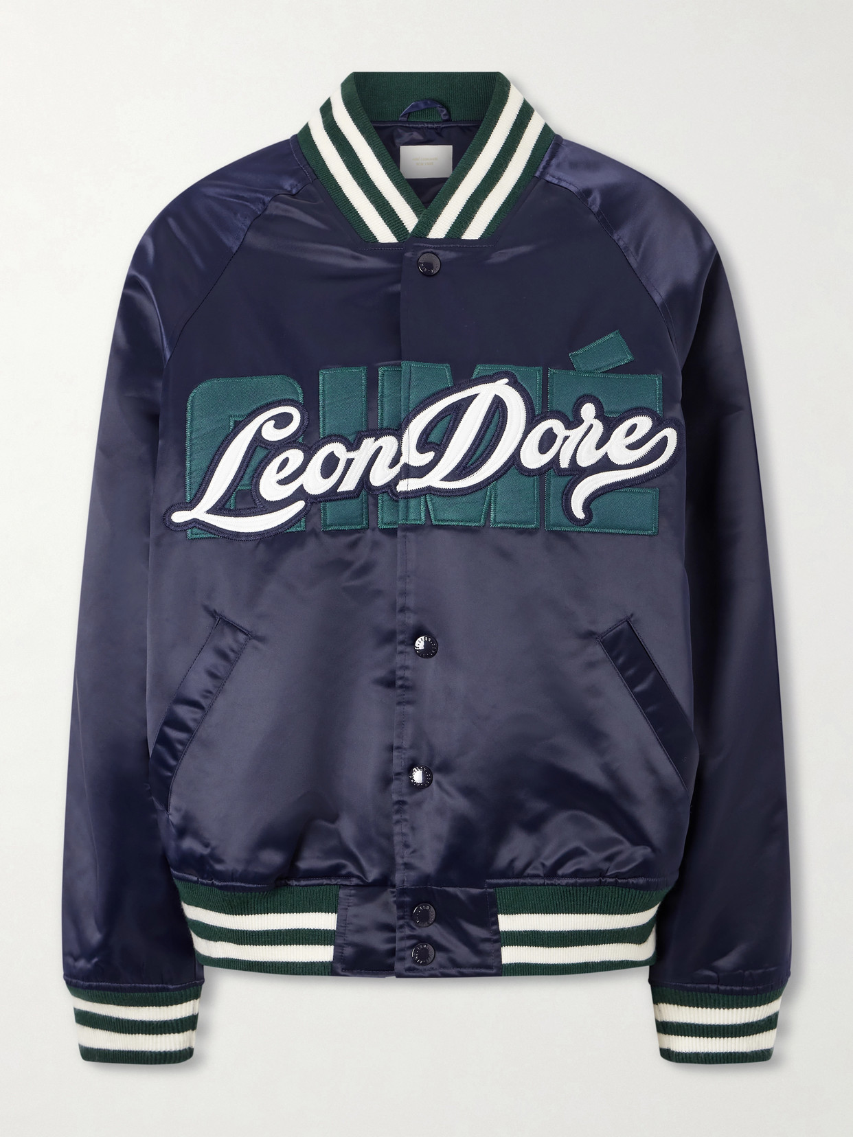 Aimé Leon Dore Logo-embroidered Satin Padded Varsity Jacket In Blue