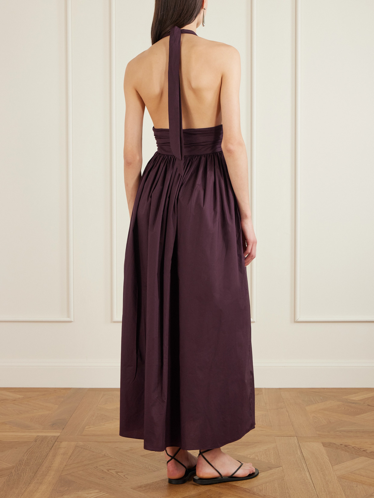 Matteau Gathered Organic Cotton-poplin Halterneck Maxi Dress In Burgundy