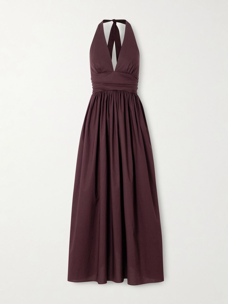 Gathered organic cotton-poplin halterneck maxi dress