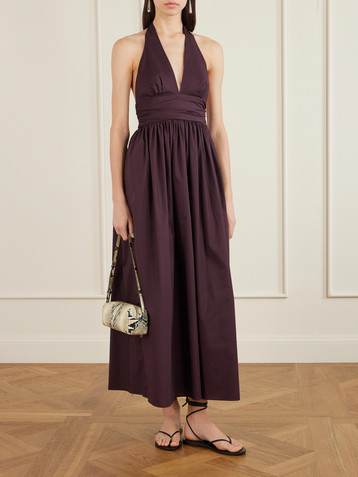 Gathered organic cotton-poplin halterneck maxi dress