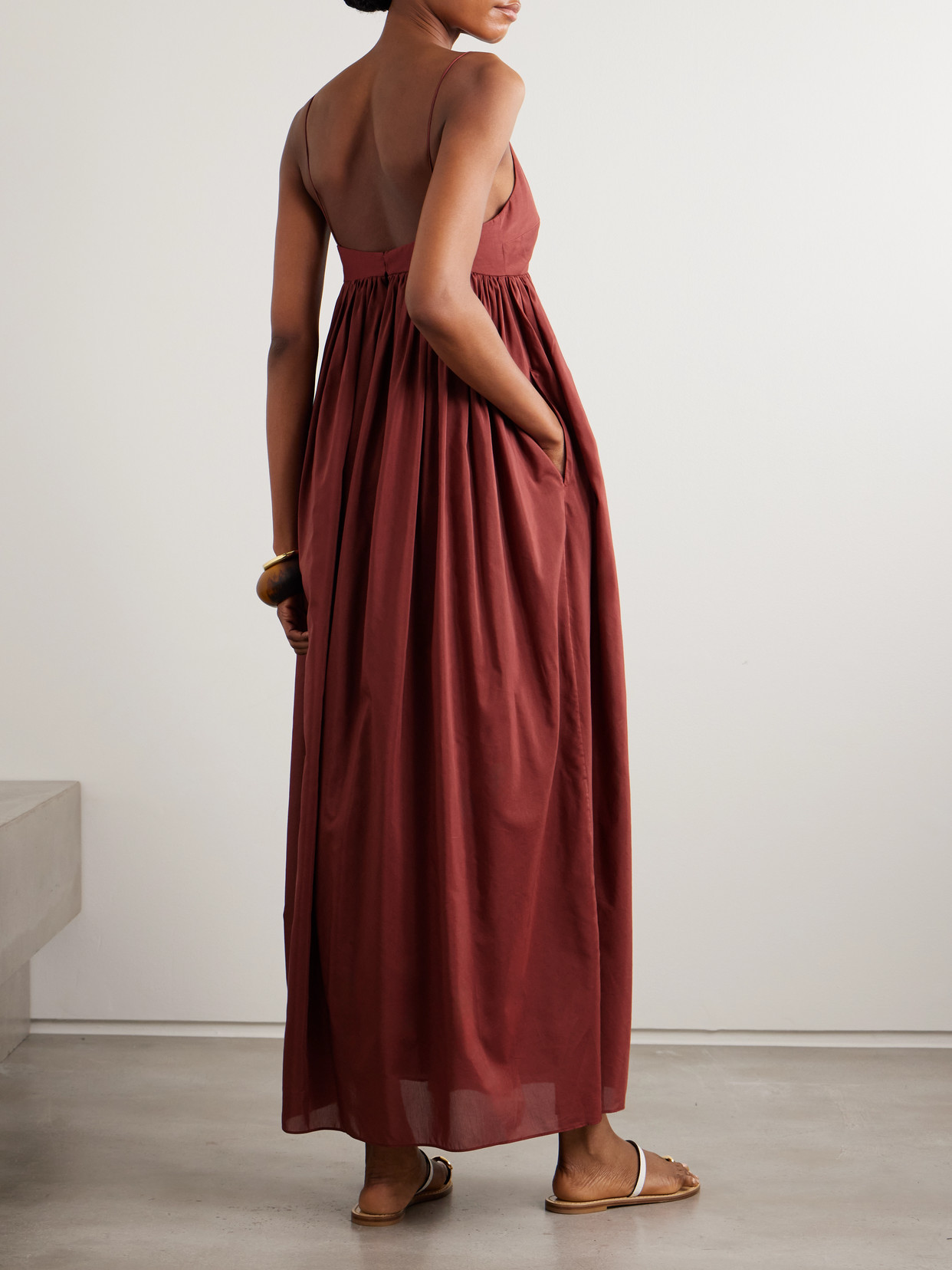 Matteau Gathered Organic Cotton And Silk-blend Maxi Dress In Burgundy