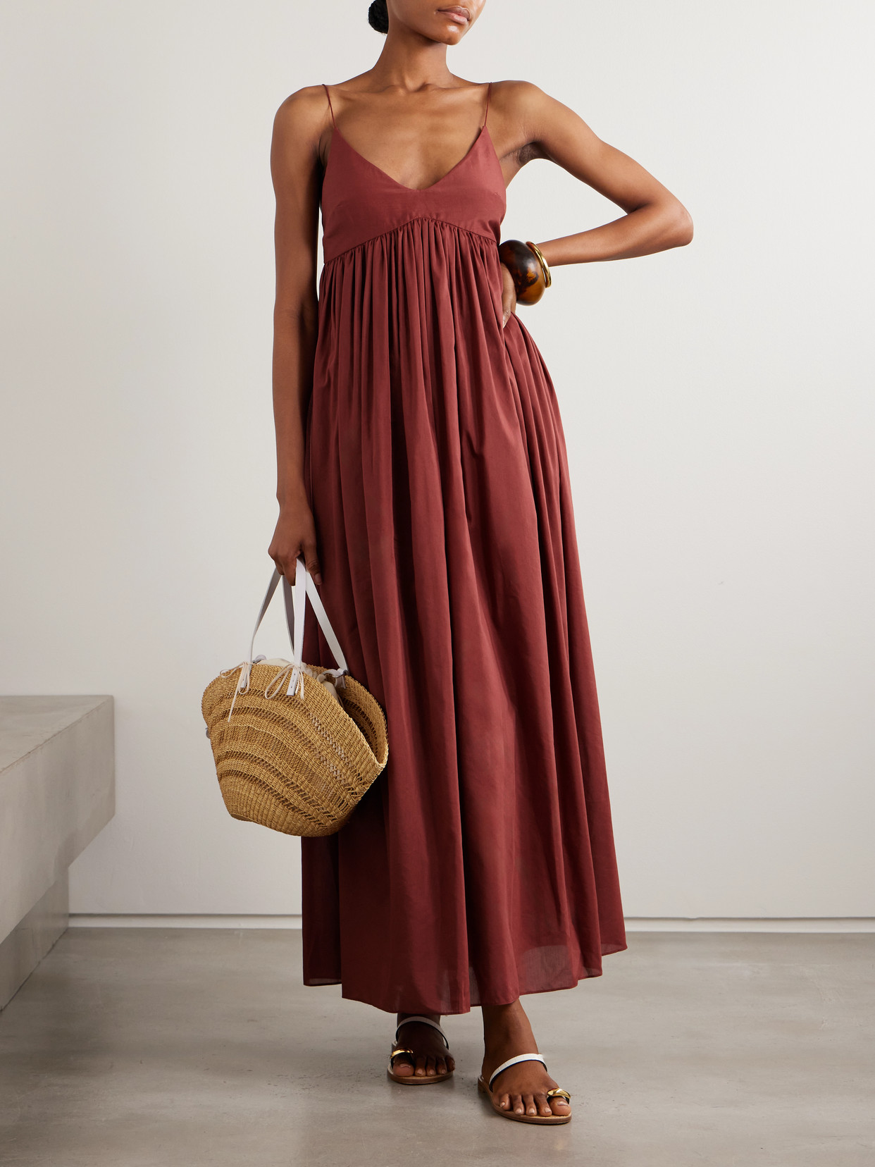 Matteau Gathered Organic Cotton And Silk-blend Maxi Dress In Burgundy