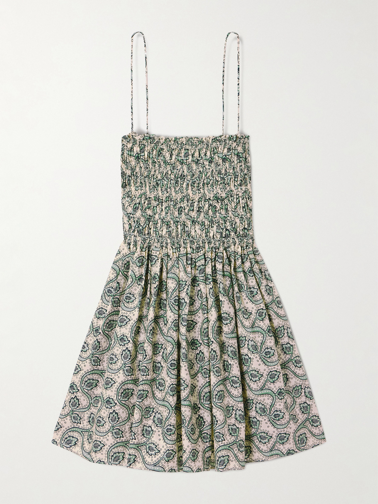 Matteau Shirred Printed Organic Cotton-poplin Mini Dress In Brown