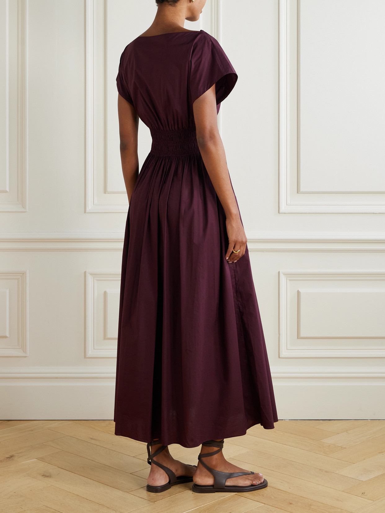 Matteau Shirred Organic Cotton-poplin Midi Dress In Burgundy