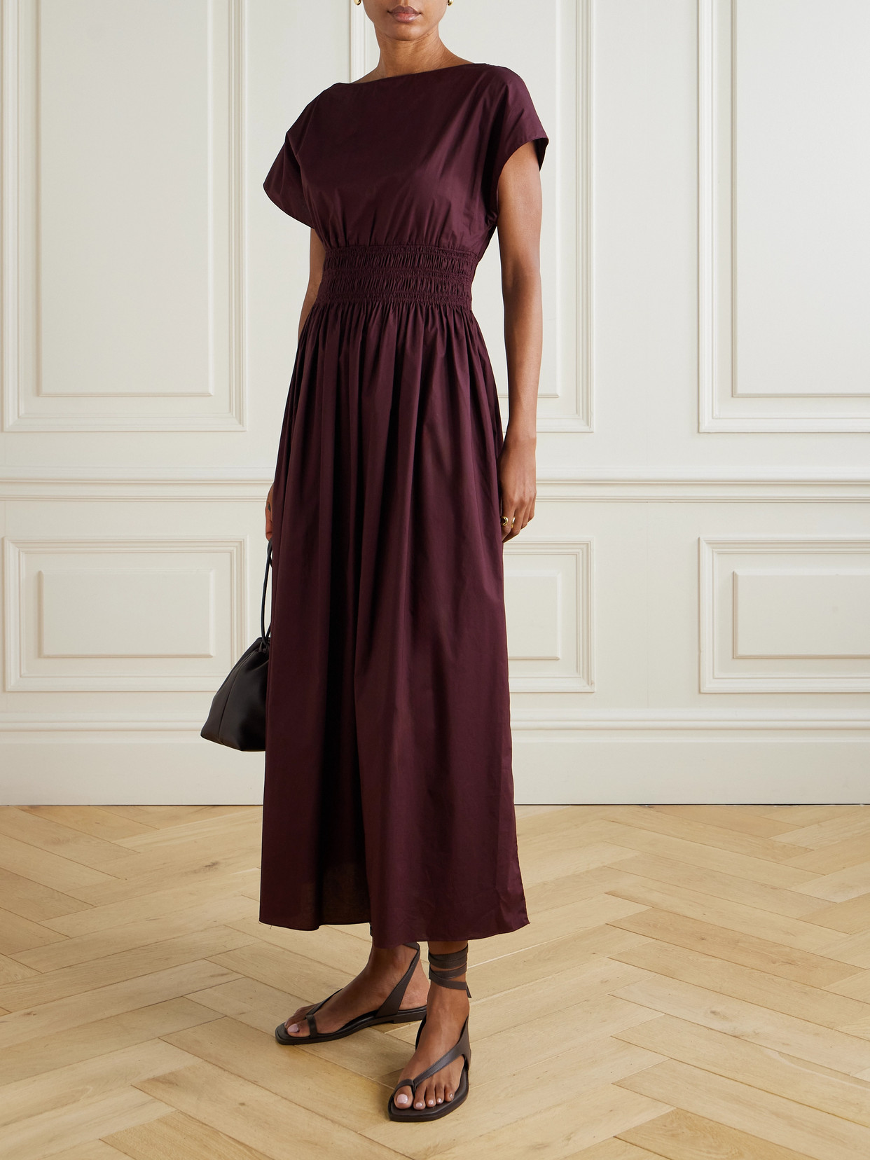 Matteau Shirred Organic Cotton-poplin Midi Dress In Burgundy
