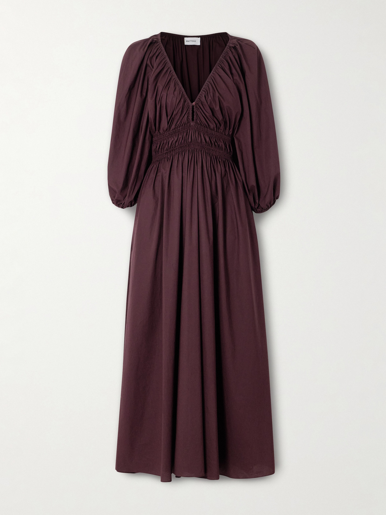 Matteau Shirred Organic Cotton-poplin Maxi Dress In Burgundy