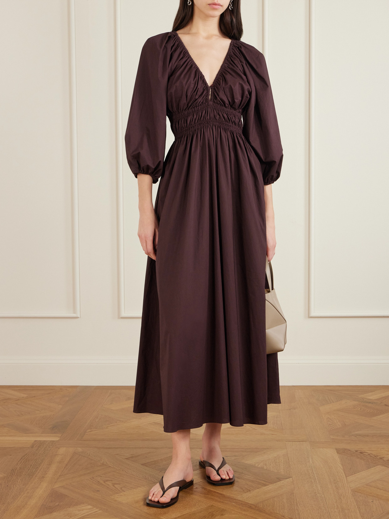 Matteau Shirred Organic Cotton-poplin Maxi Dress In Multi