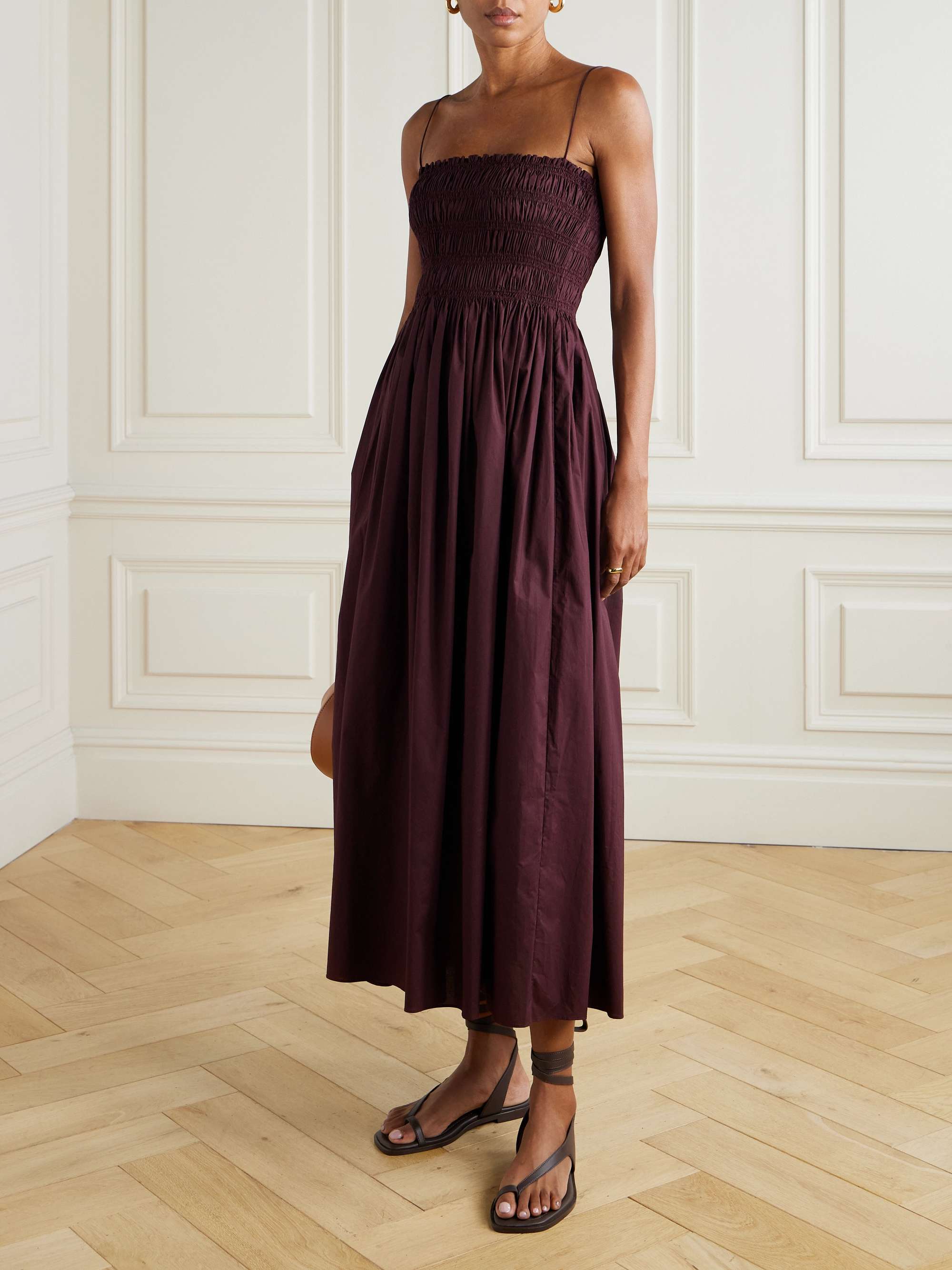 MATTEAU Shirred organic cotton and silk-blend poplin maxi dress
