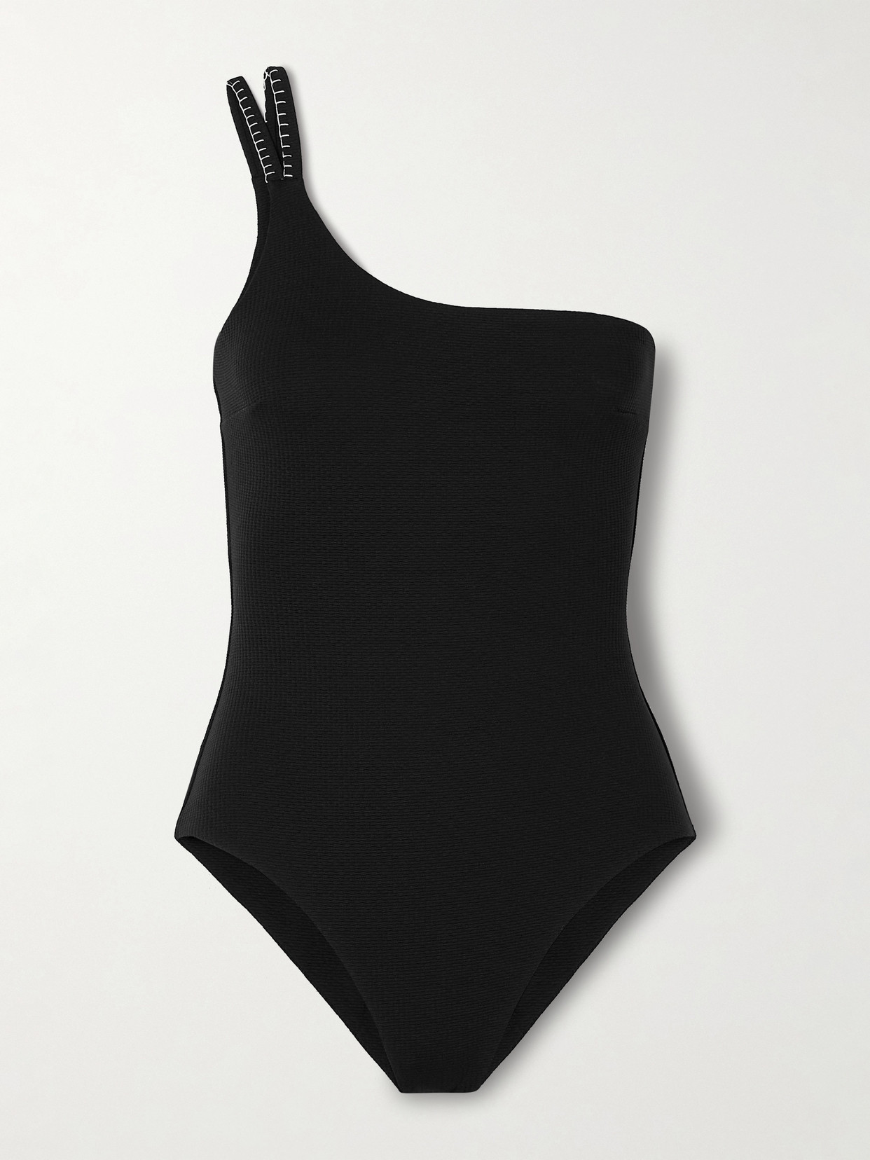 Marysia Fauna One-shoulder Seersucker Swimsuit In Black